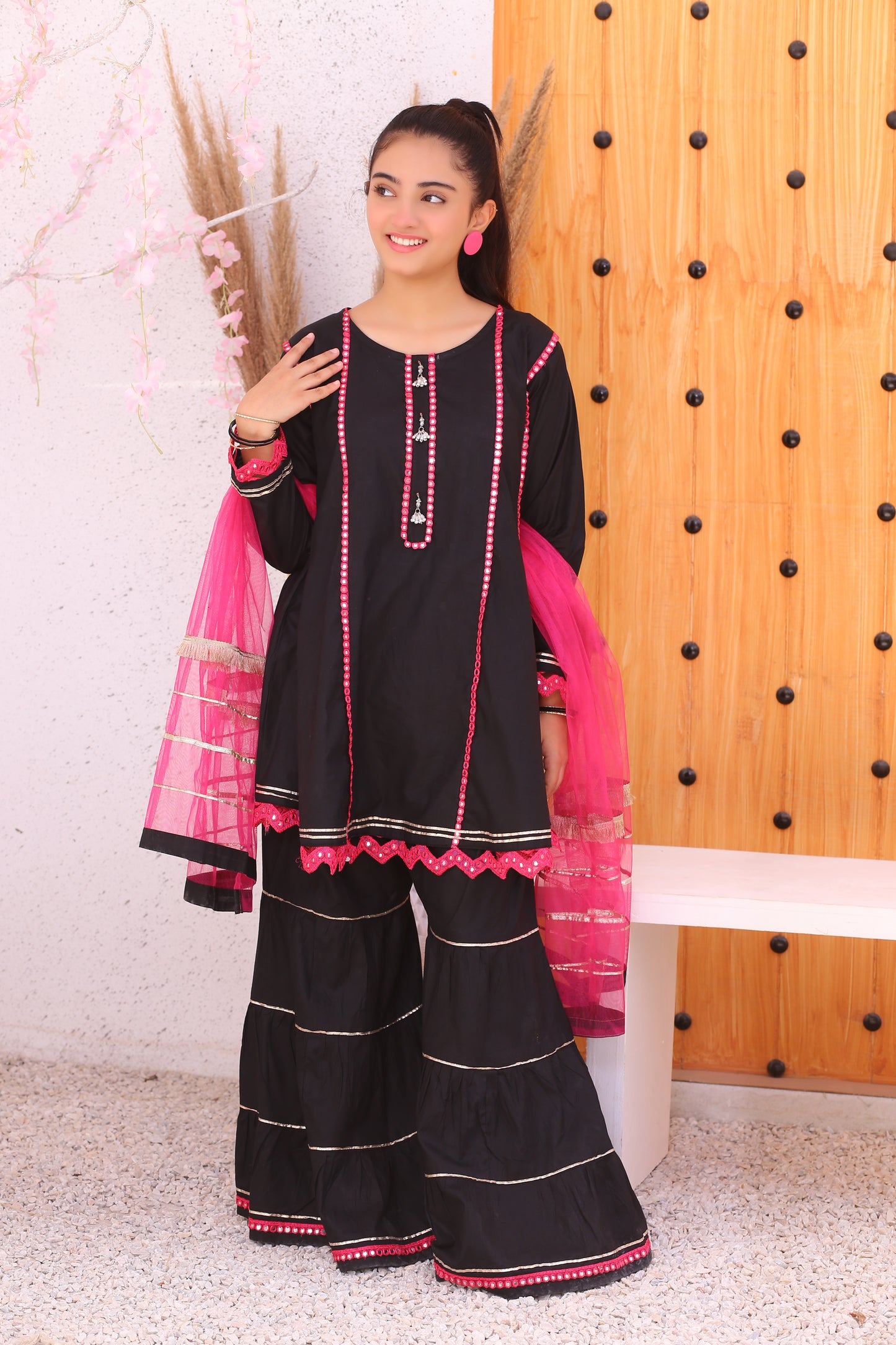 3 piece Stunning JET BLACK Cotton Gharara Suit with Shocking Pink net Dupatta & Shocking Pink Mirror & Golden Laces.