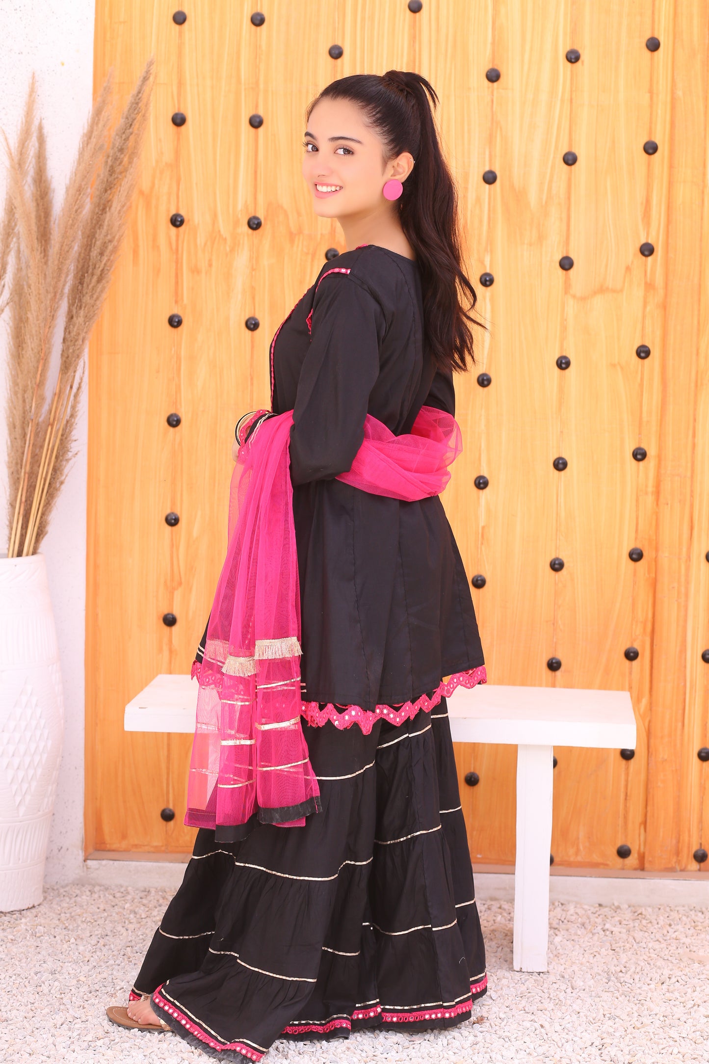 3 piece Stunning JET BLACK Cotton Gharara Suit with Shocking Pink net Dupatta & Shocking Pink Mirror & Golden Laces.