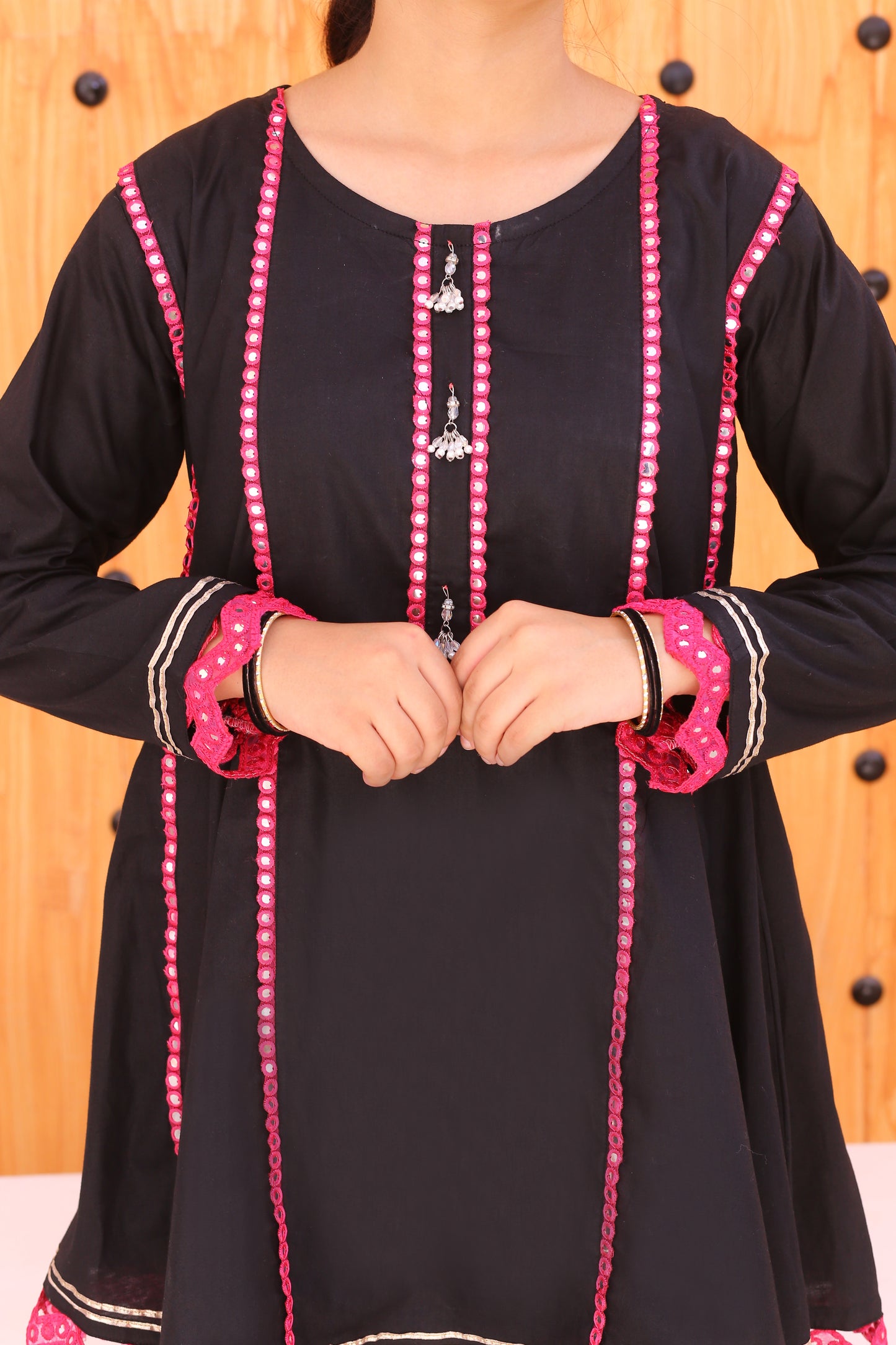 3 piece Stunning JET BLACK Cotton Gharara Suit with Shocking Pink net Dupatta & Shocking Pink Mirror & Golden Laces.