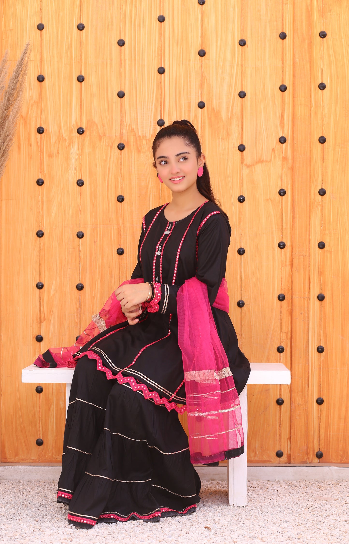 3 piece Stunning JET BLACK Cotton Gharara Suit with Shocking Pink net Dupatta & Shocking Pink Mirror & Golden Laces.