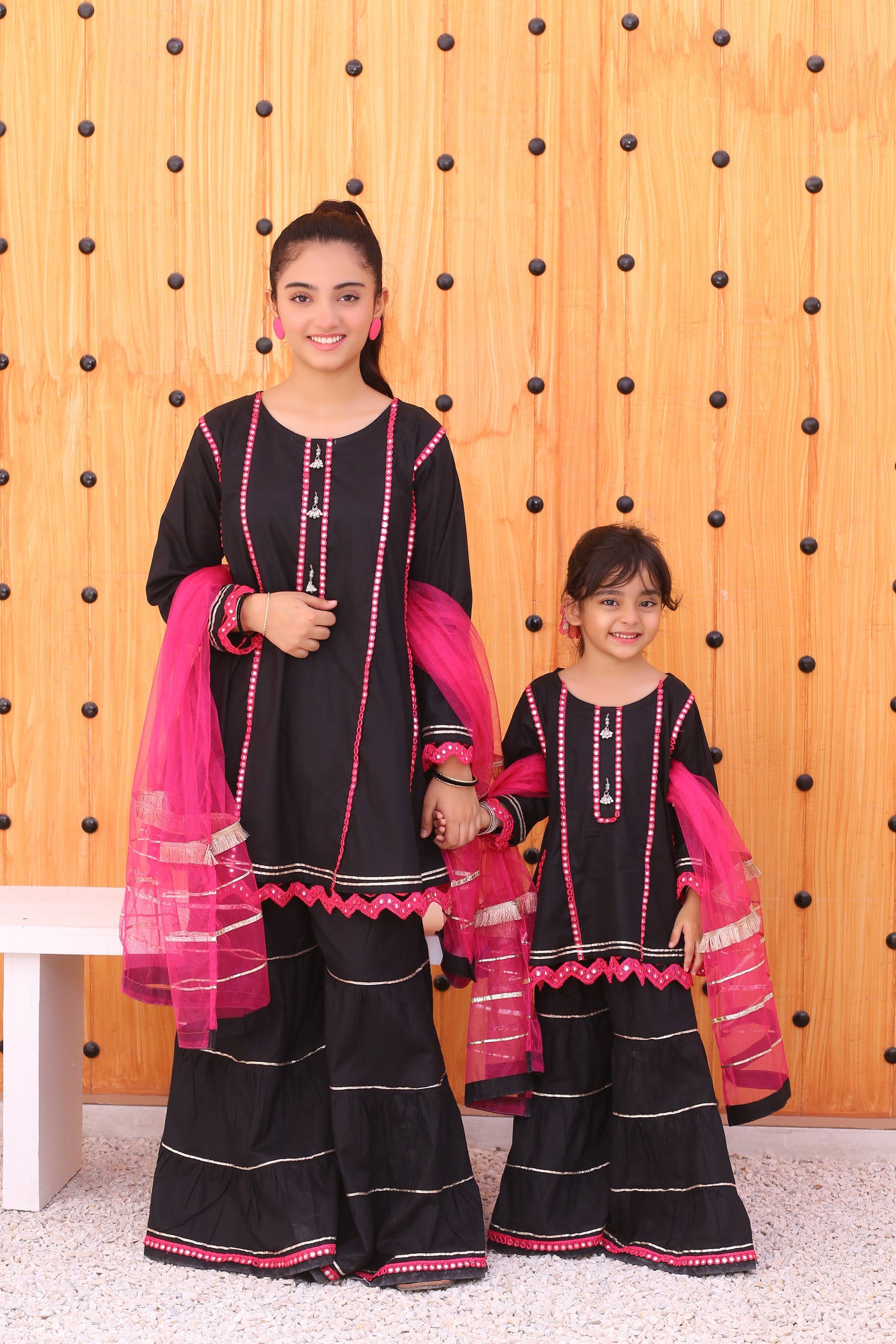 3 piece Stunning JET BLACK Cotton Gharara Suit with Shocking Pink net Dupatta & Shocking Pink Mirror & Golden Laces.