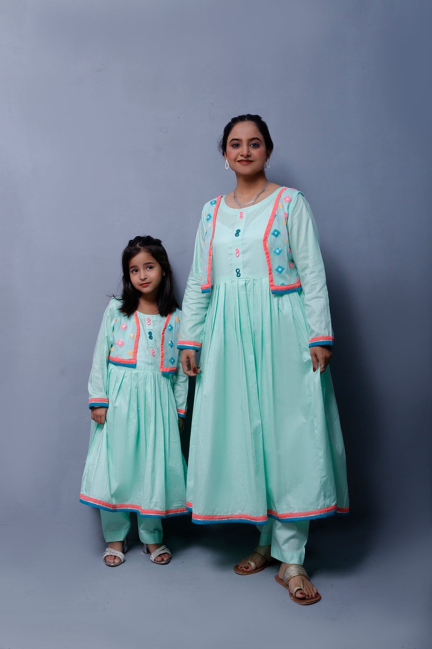3 piece Stunning Cyan(Aqua Green) Cotton Frock with Multicolor Embroidered net Coati & Laces. (Stitch)
