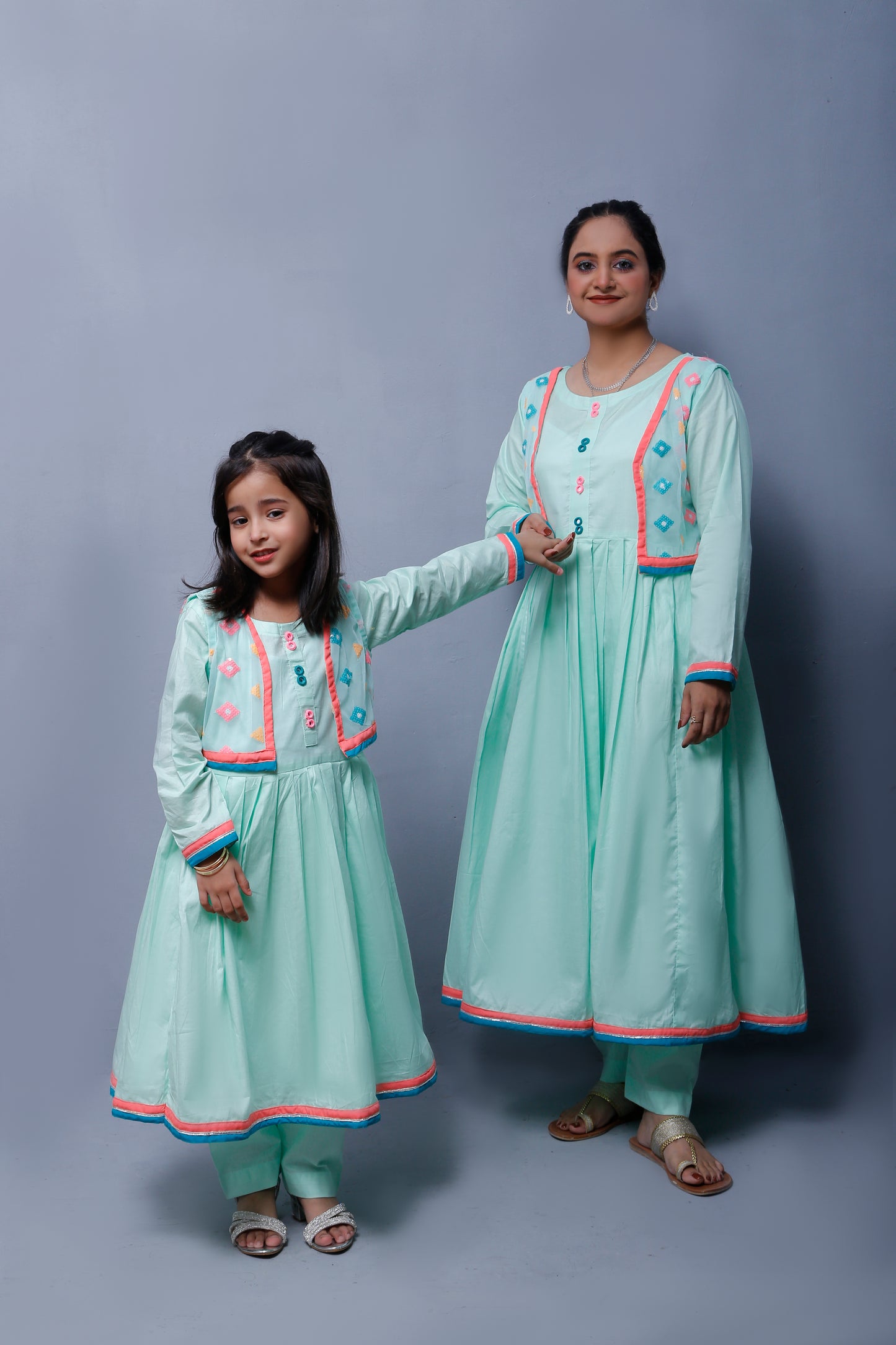 3 piece Stunning Cyan(Aqua Green) Cotton Frock with Multicolor Embroidered net Coati & Laces. (Stitch)