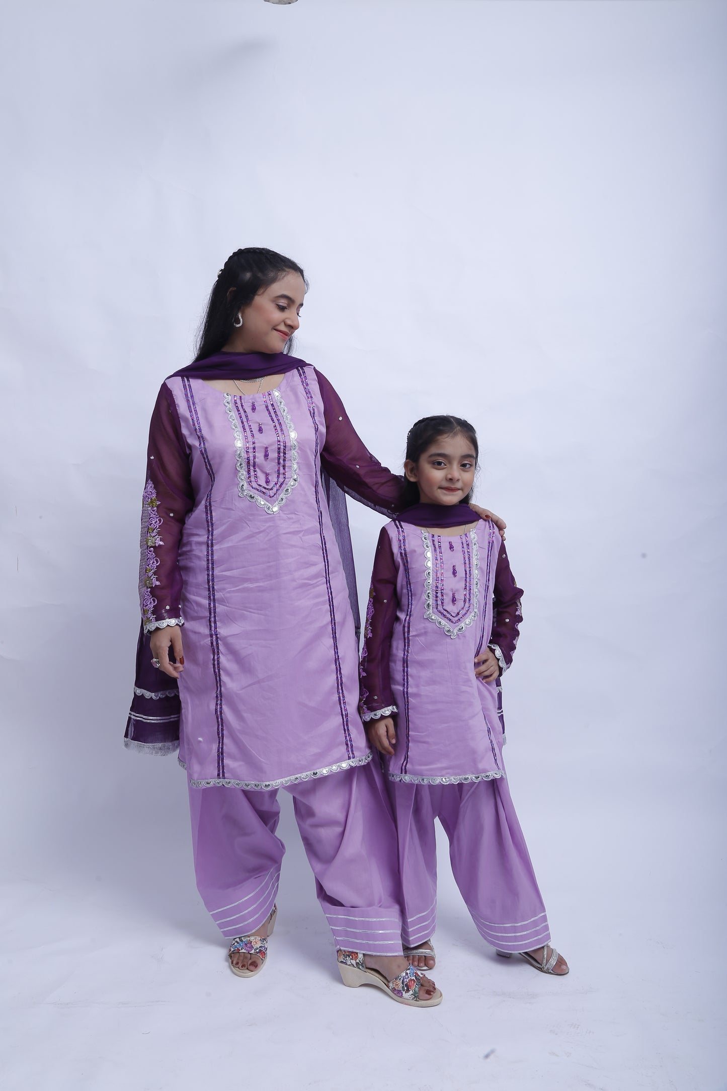3 piece Light Purple Plazo Suit with Beautiful Silver Sitara Embroidered Purple Chiffon Sleeves & Purple Chiffon Dupatta. (Stitch)