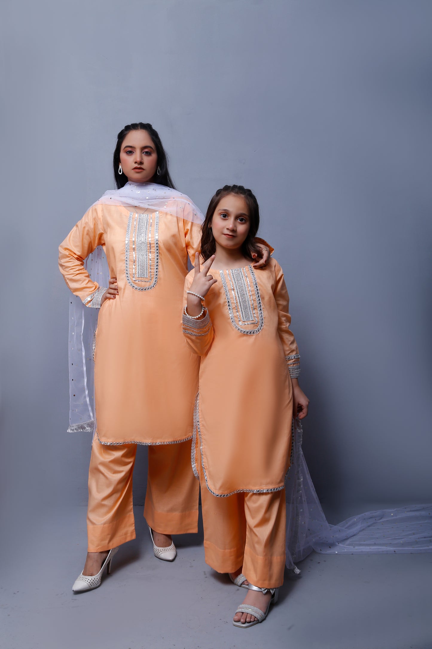 3 piece Peach Cotton Plazo Shalwar Kameez Suit with White/Silver Laces & White/Silver net chan Dupatta.(Stitch)