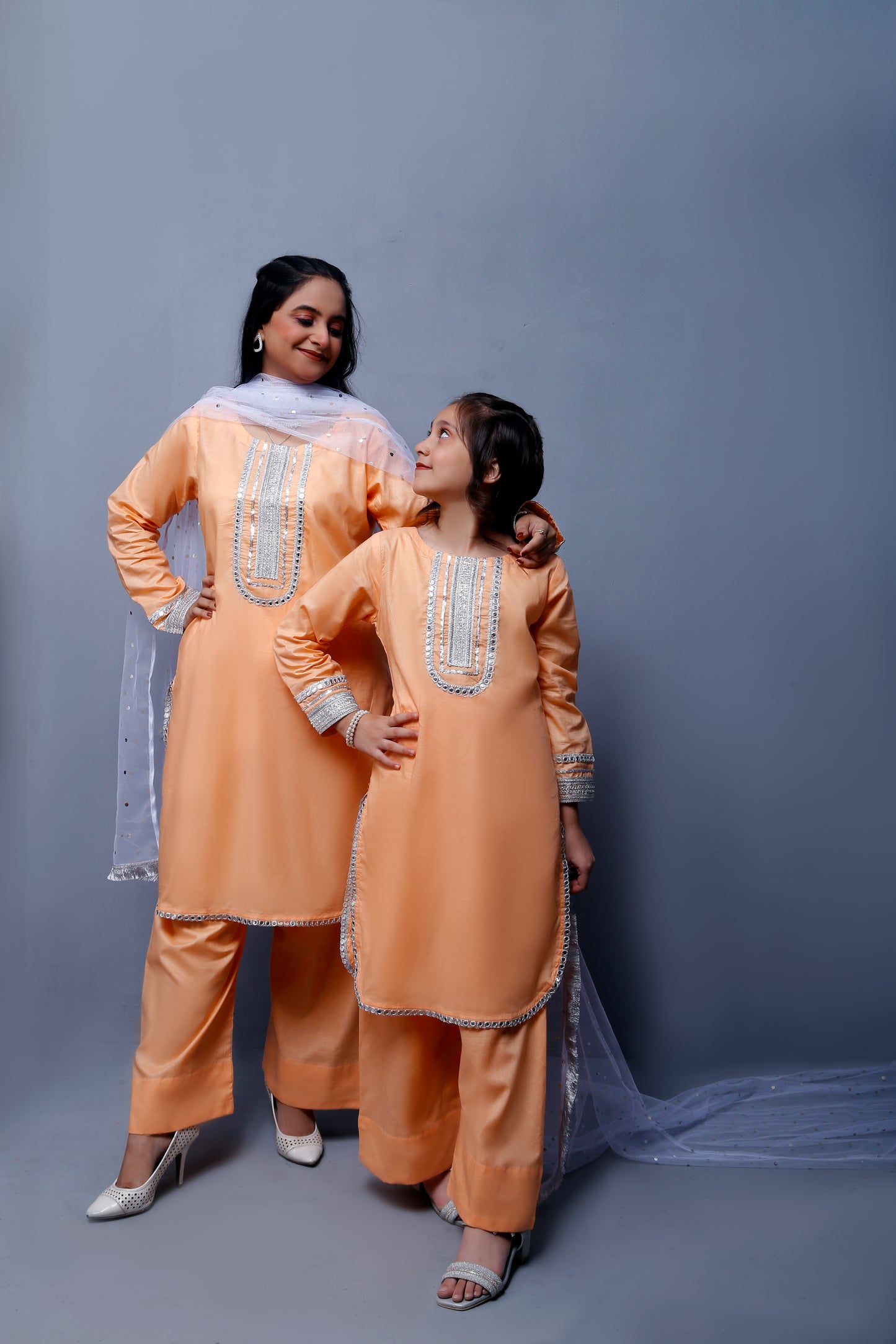 3 piece Peach Cotton Plazo Shalwar Kameez Suit with White/Silver Laces & White/Silver net chan Dupatta.(Stitch)