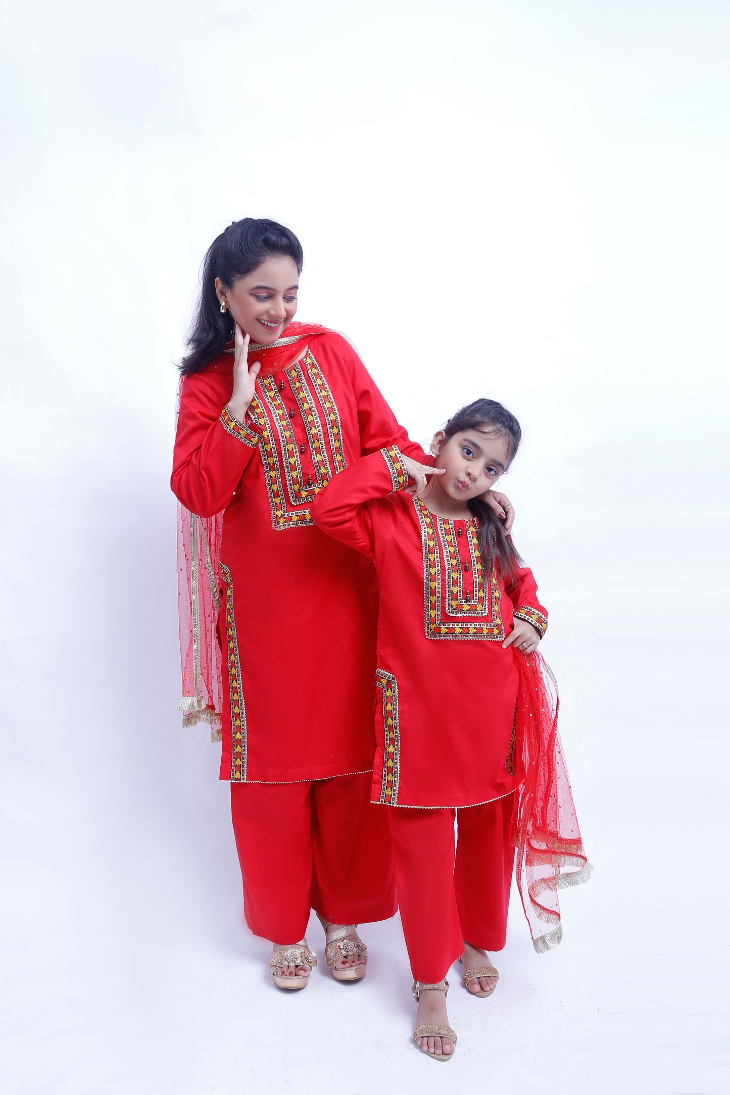 3 piece Stunning Red Cotton Plazo Suit with Beautiful Multicolor & Golden Laces & Red chan net Dupatta. (Stitch)