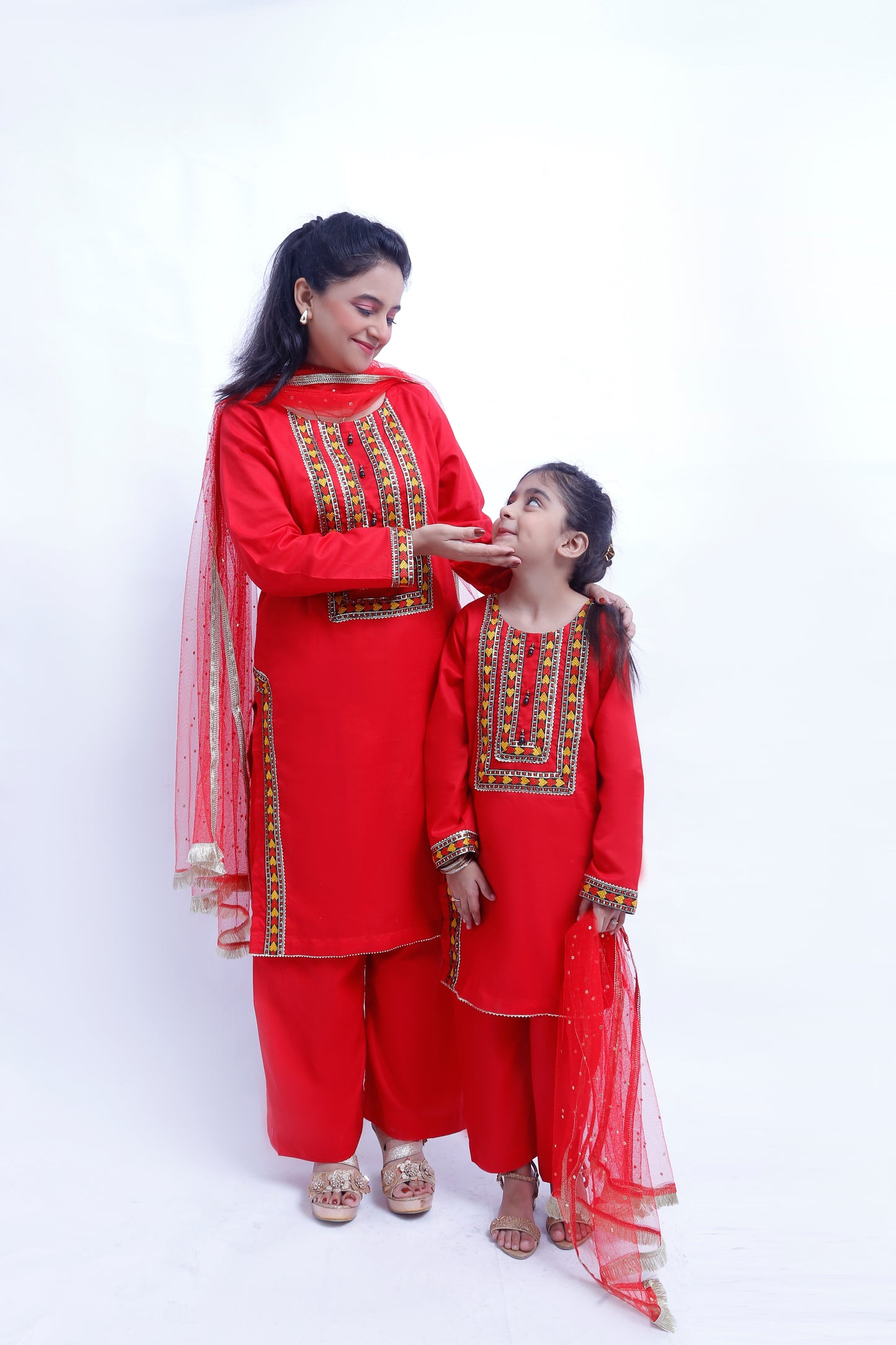 3 piece Stunning Red Cotton Plazo Suit with Beautiful Multicolor & Golden Laces & Red chan net Dupatta. (Stitch)