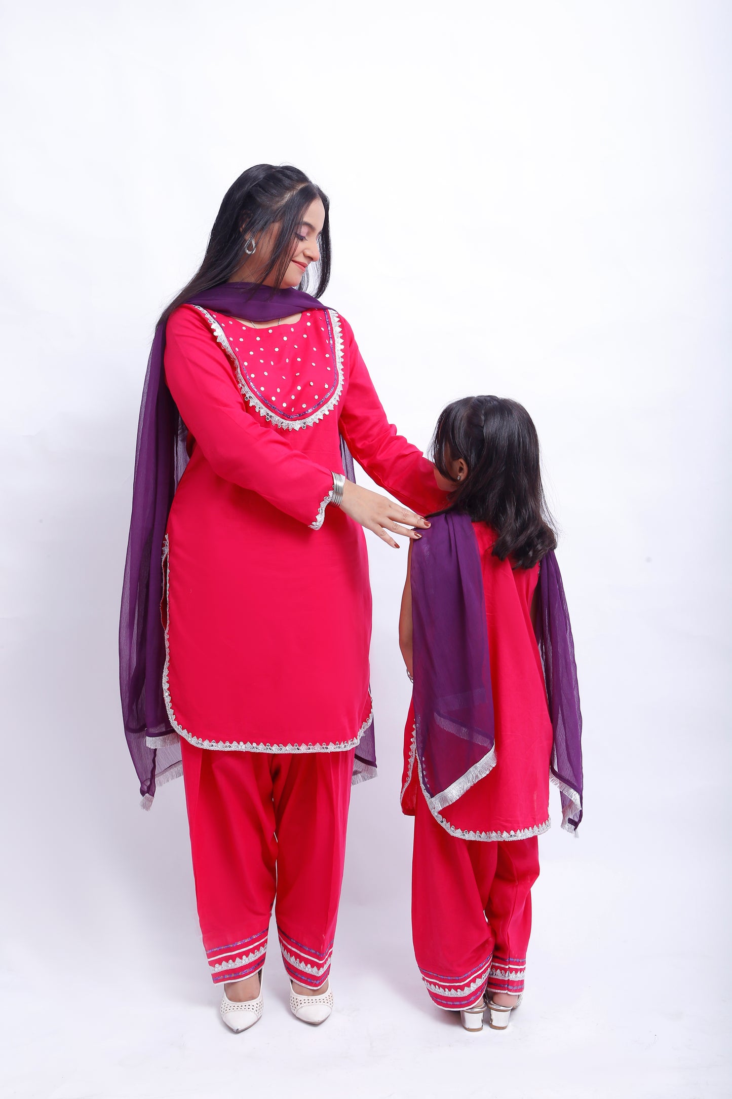 3 piece Elegant Shocking Pink Cotton Plazo Suit with Silver & Purple Laces & Purple Chiffon Dupatta. (Stitch)