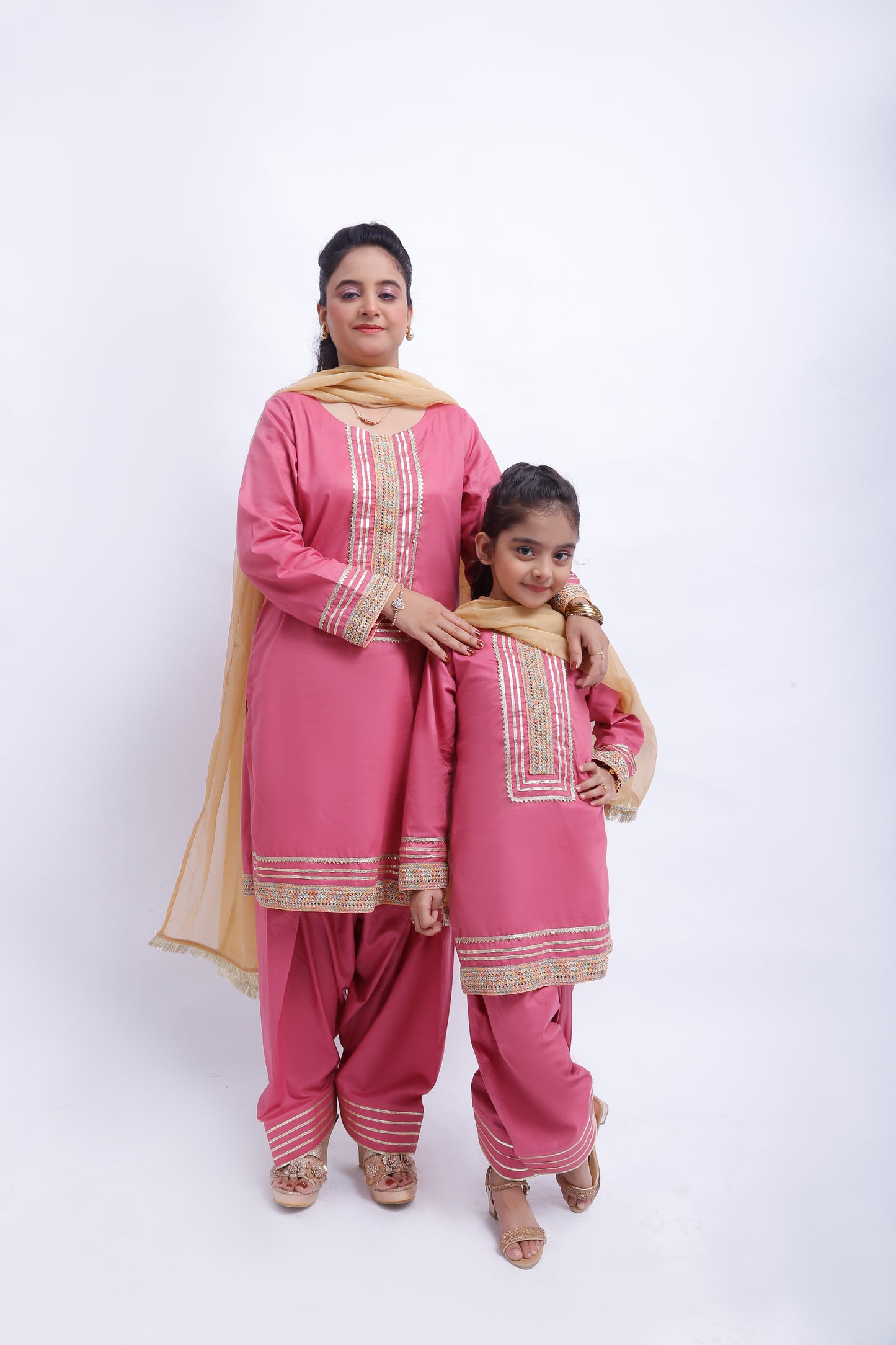 3 piece T-Pink Cotton Plazo Suit with Multicolor & Golden Laces & Golden Chiffon Dupatta. (Stitch)