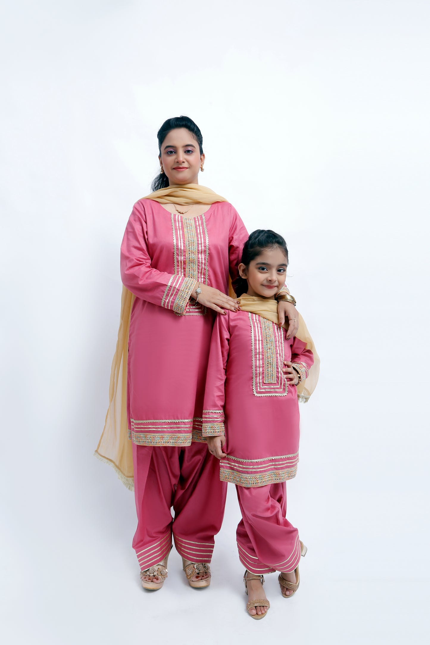 3 piece T-Pink Cotton Plazo Suit with Multicolor & Golden Laces & Golden Chiffon Dupatta. (Stitch)