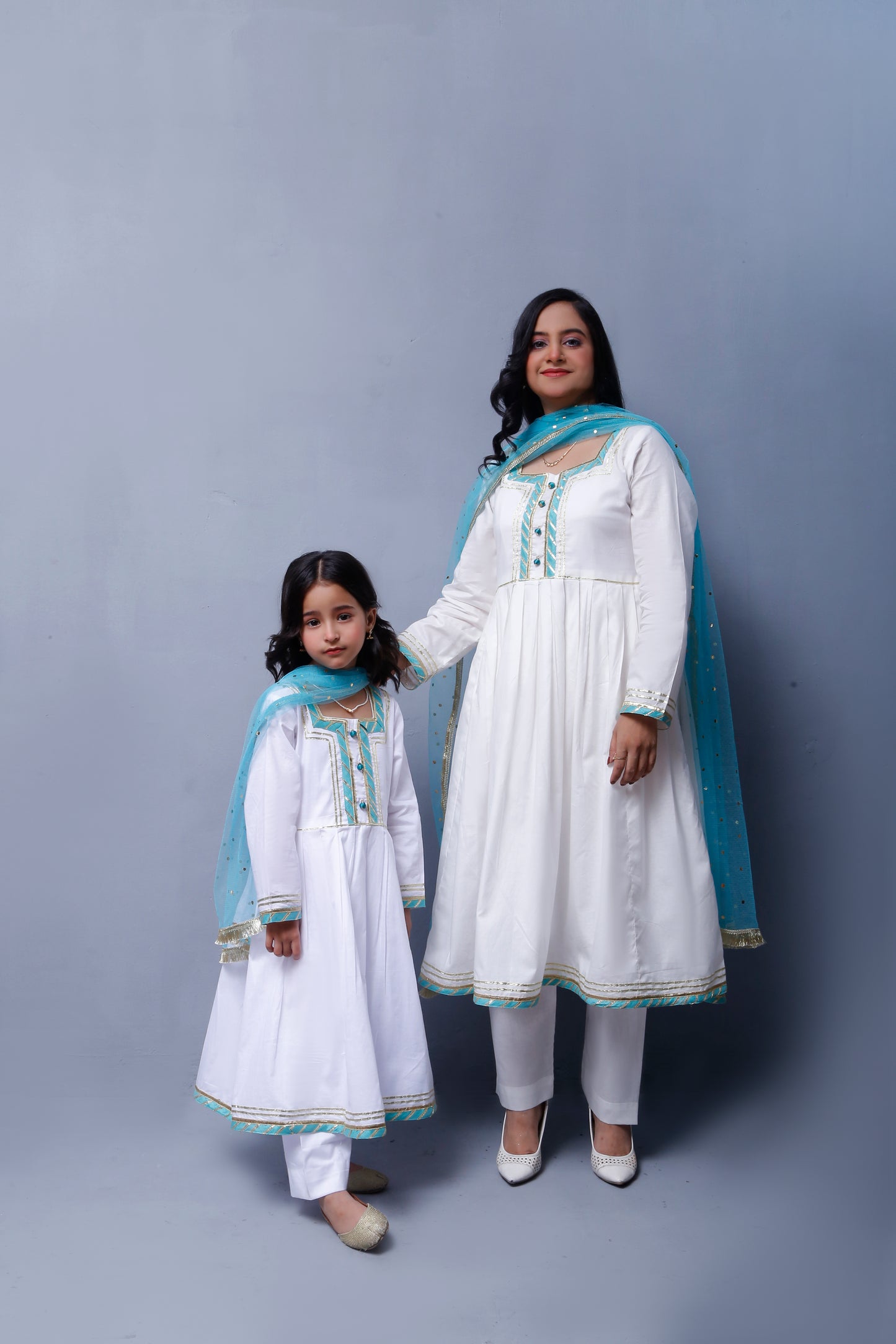 3 piece beautiful White Frock Cotton Suit with Cyan(Aqua Green) Laces & Cyan(Aqua Green) Chan net Dupatta (Stitch).