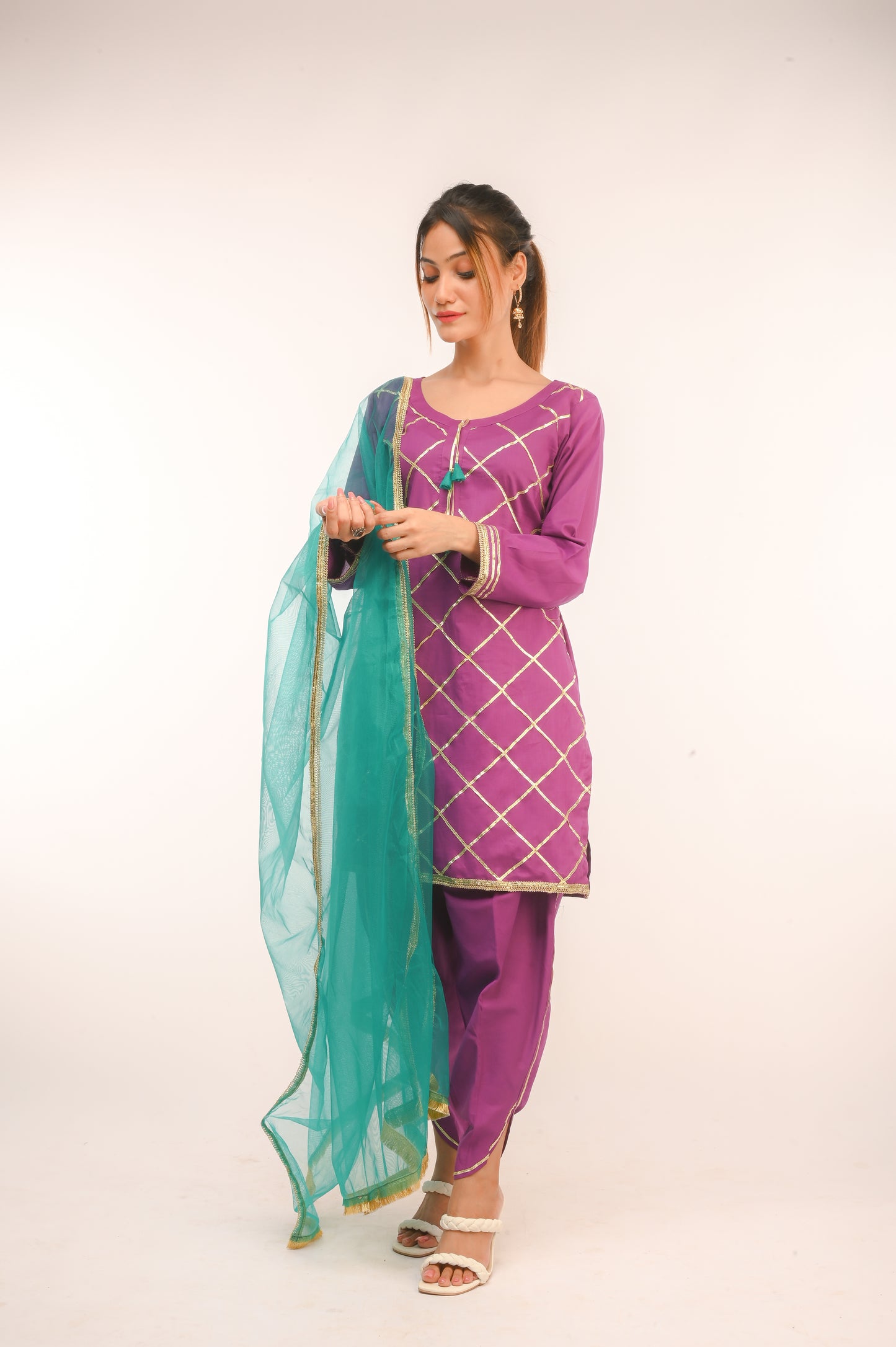 3 piece Purple Cotton Tulip Suit with Sea Green net Dupatta & Golden Laces.(Stitch).
