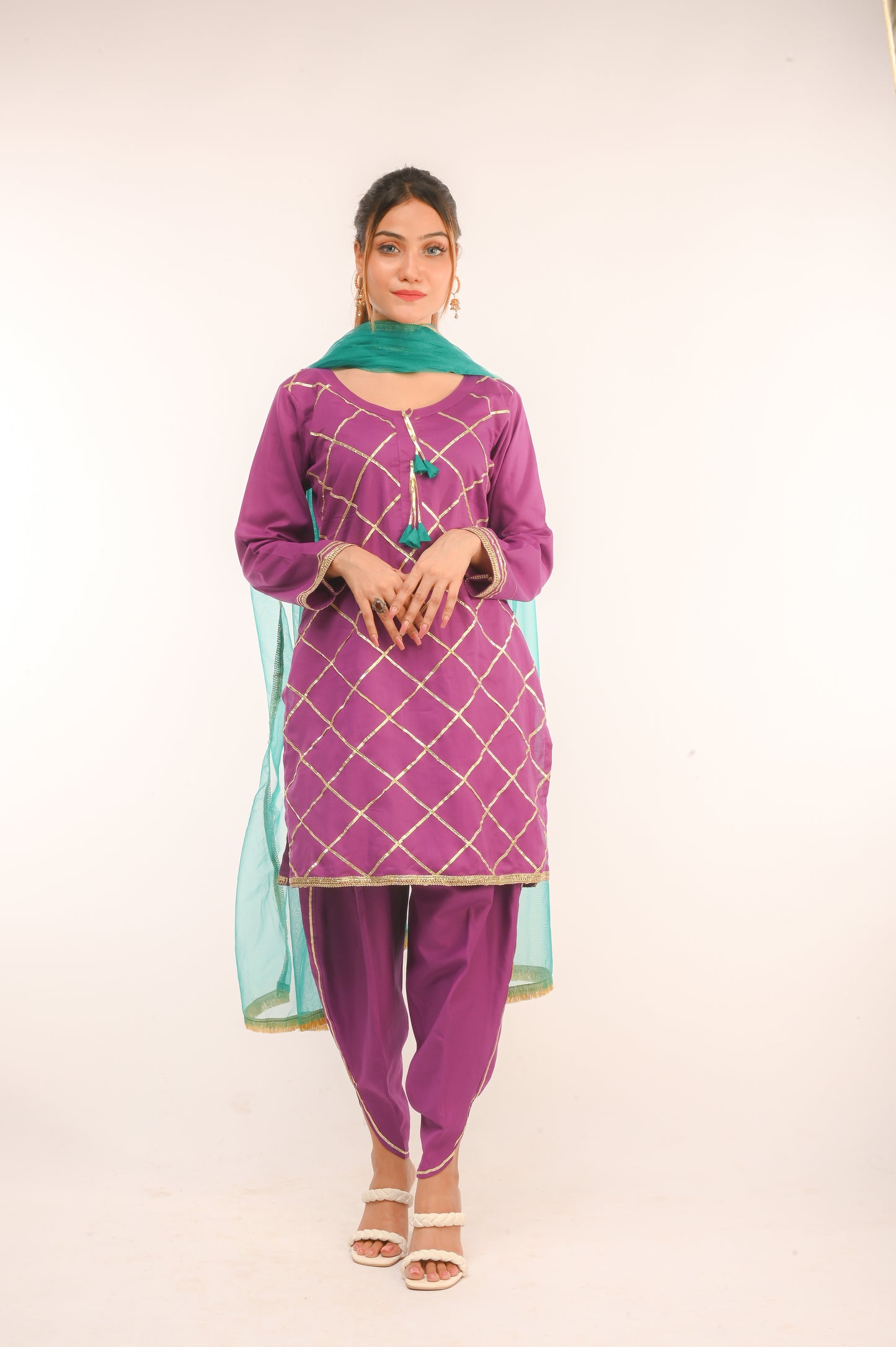 3 piece Purple Cotton Tulip Suit with Sea Green net Dupatta & Golden Laces.(Stitch).