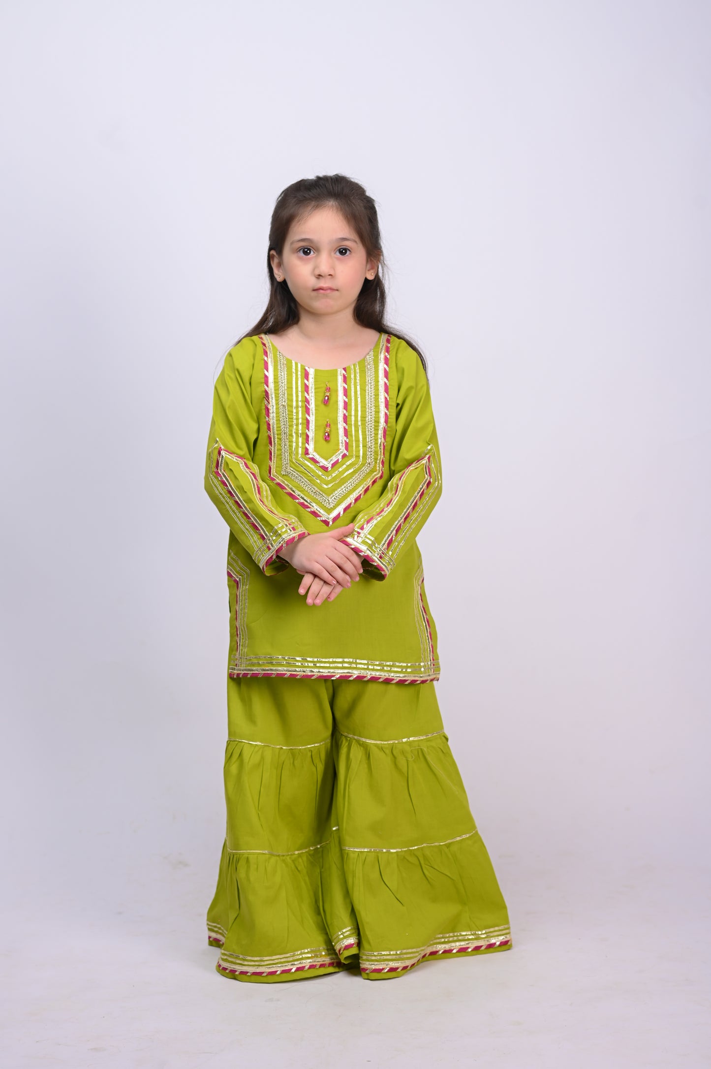 3 piece Dhani (Green) Cotton Gharara Suit with Magenta Chan net Dupatta & Laces.(Stitch)