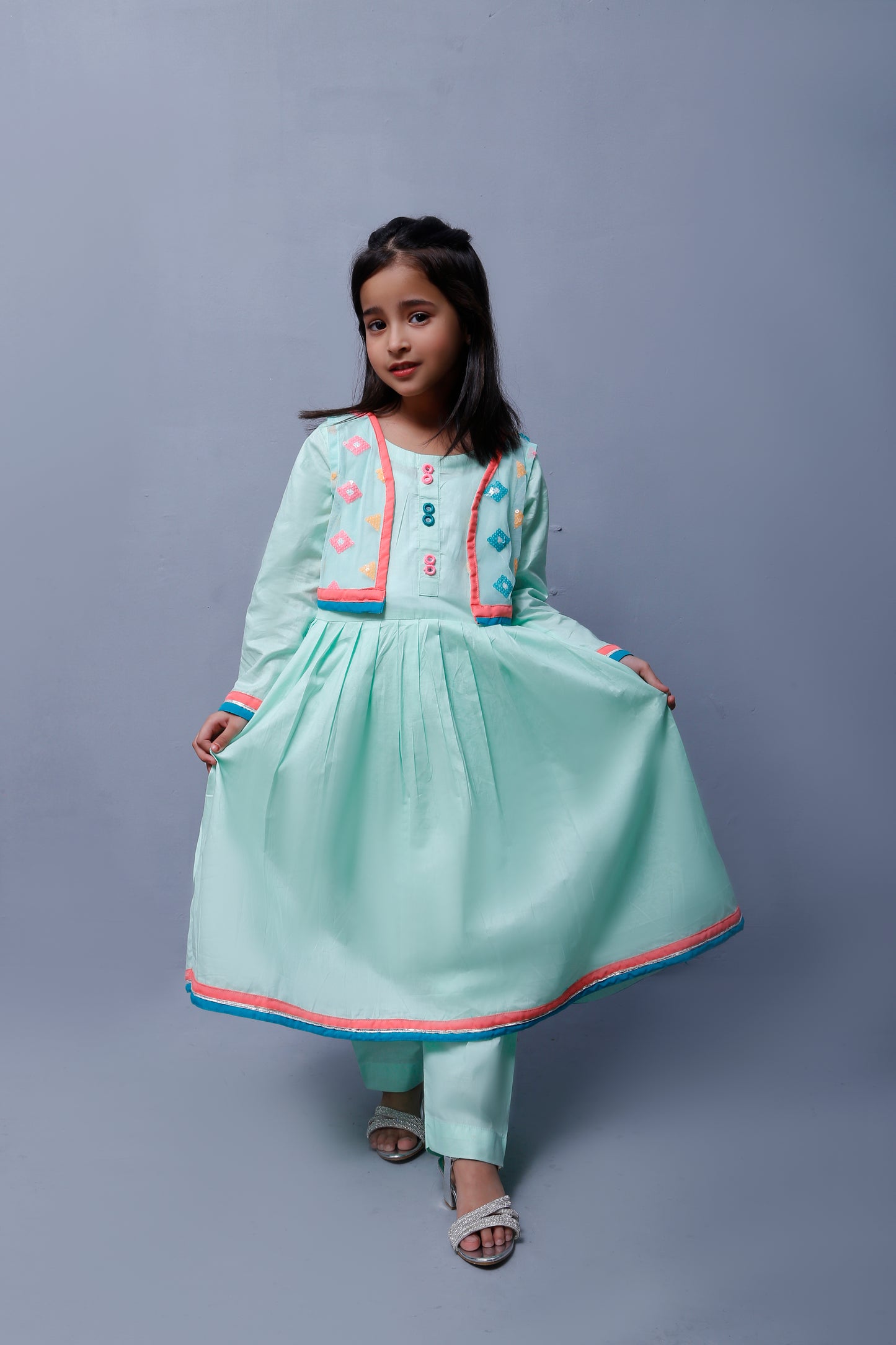3 piece Stunning Cyan(Aqua Green) Cotton Frock with Multicolor Embroidered net Coati & Laces. (Stitch)