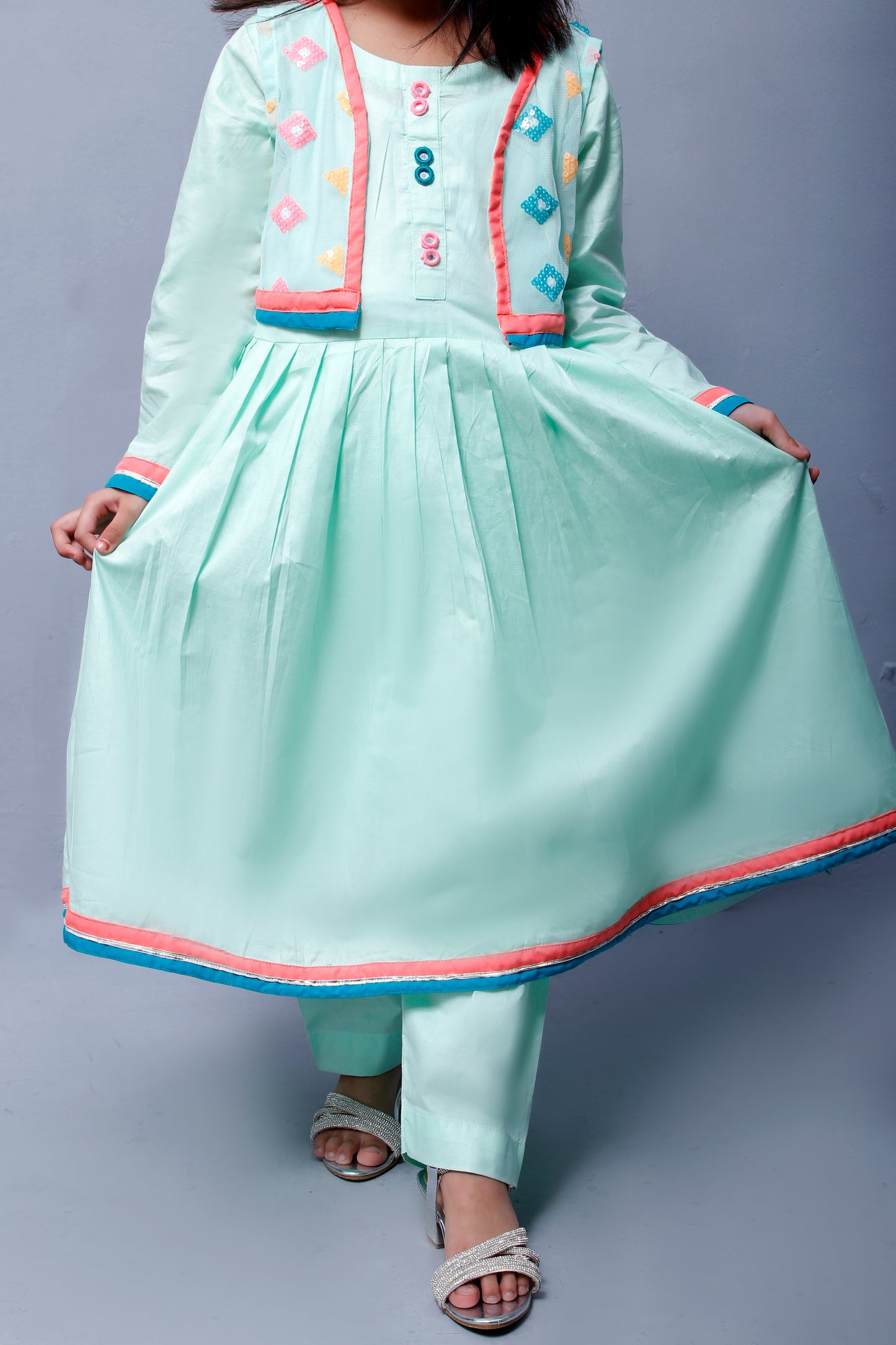 3 piece Stunning Cyan(Aqua Green) Cotton Frock with Multicolor Embroidered net Coati & Laces. (Stitch)