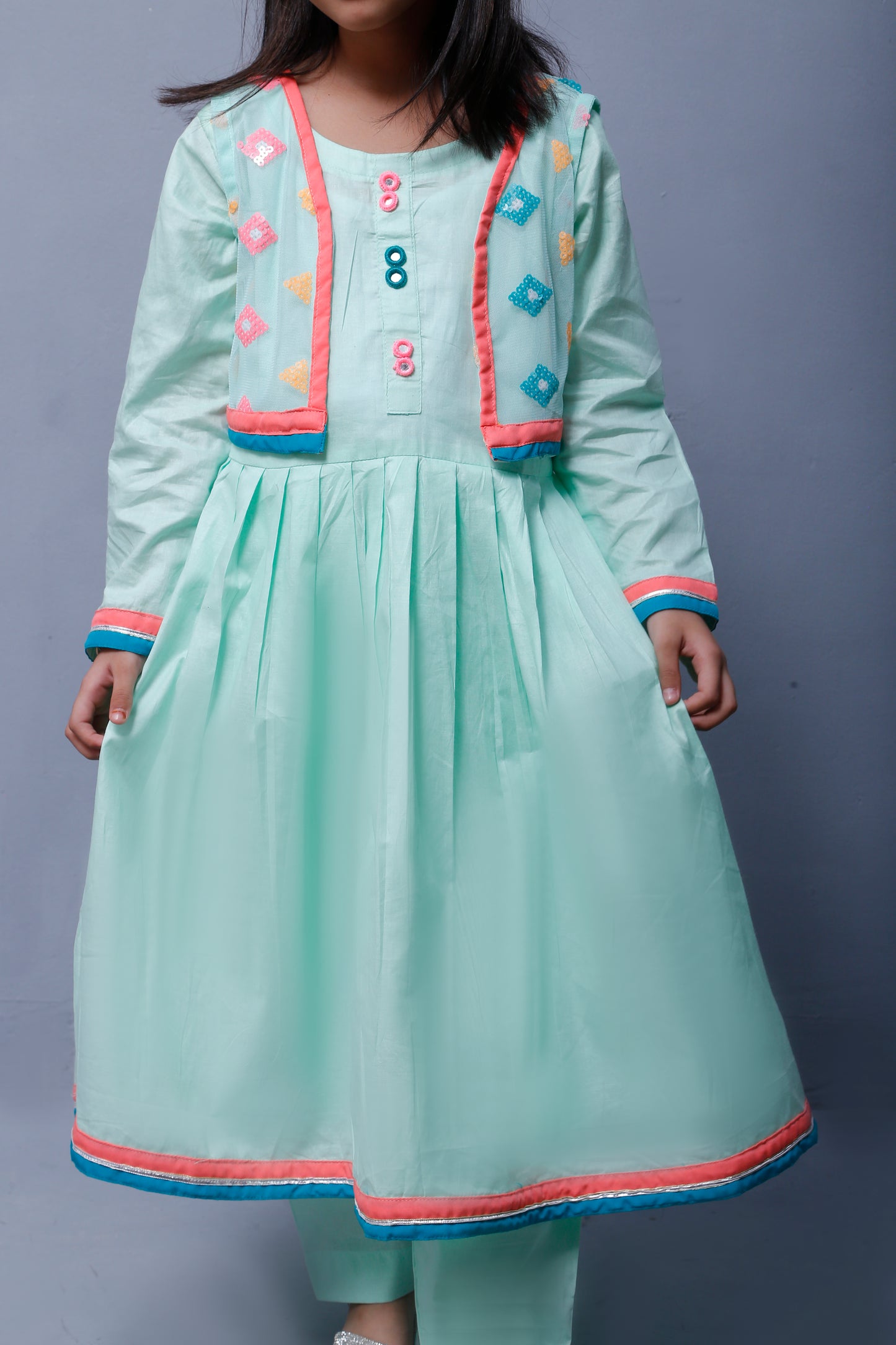 3 piece Stunning Cyan(Aqua Green) Cotton Frock with Multicolor Embroidered net Coati & Laces. (Stitch)
