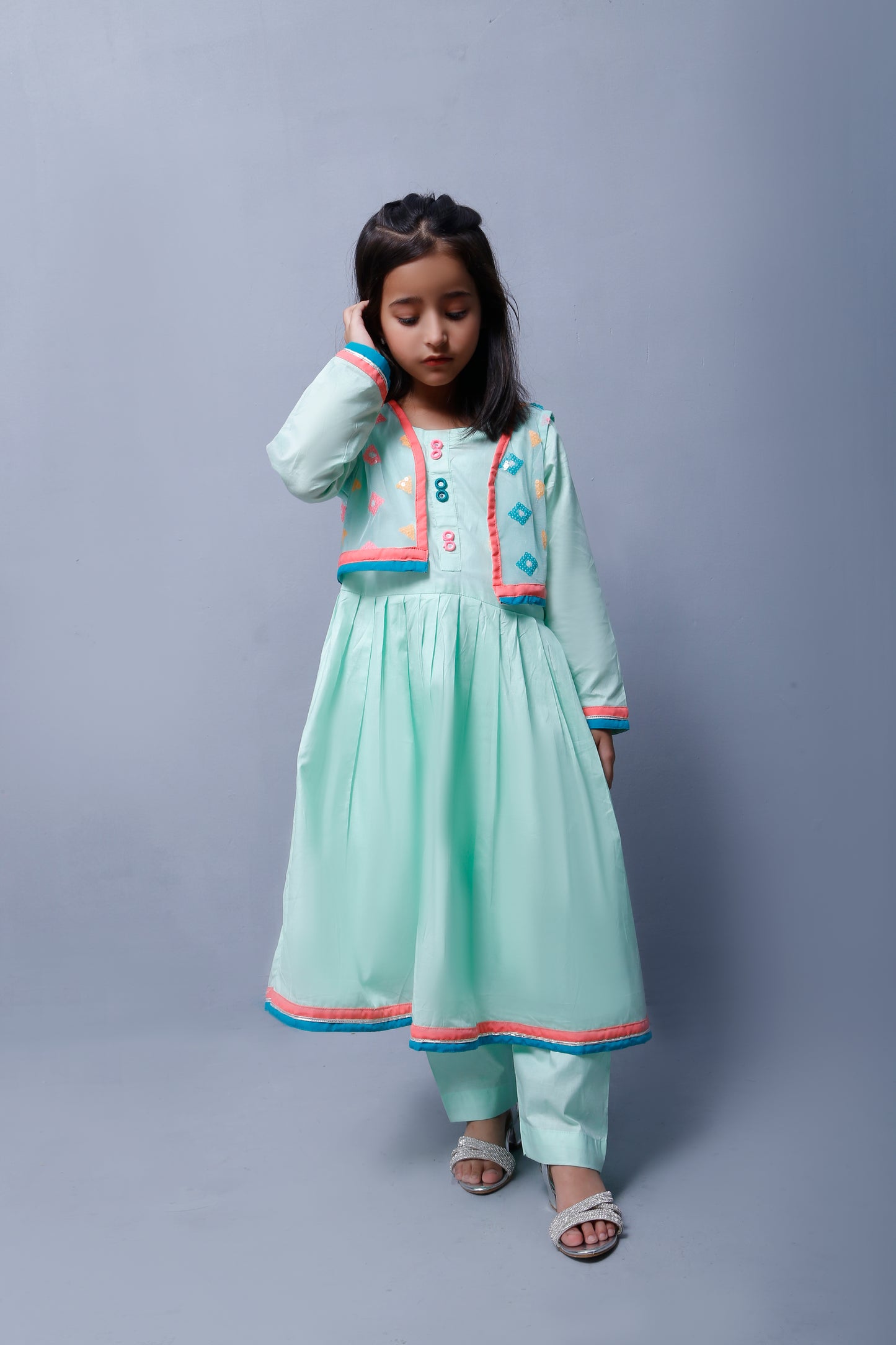 3 piece Stunning Cyan(Aqua Green) Cotton Frock with Multicolor Embroidered net Coati & Laces. (Stitch)