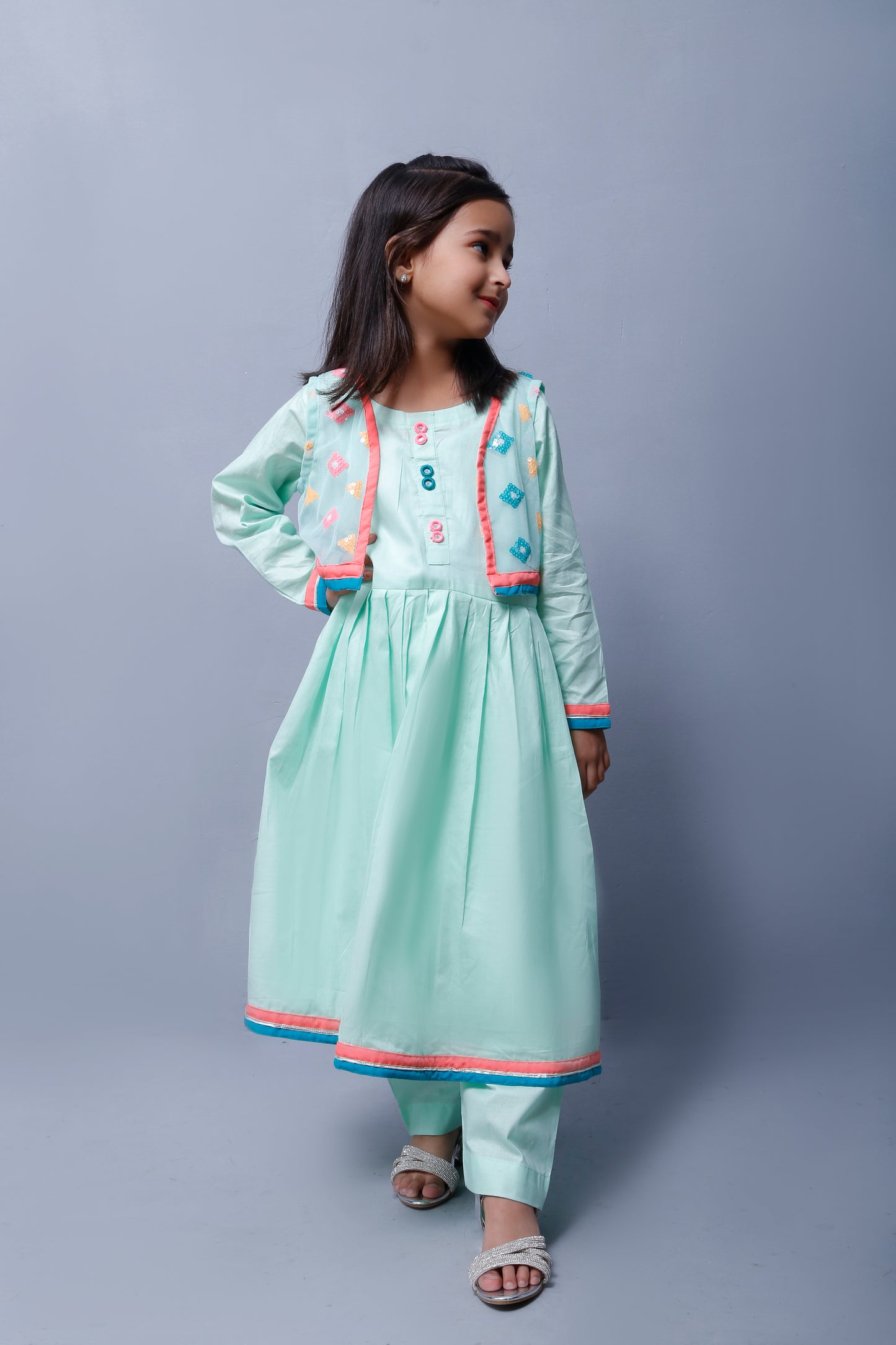 3 piece Stunning Cyan(Aqua Green) Cotton Frock with Multicolor Embroidered net Coati & Laces. (Stitch)