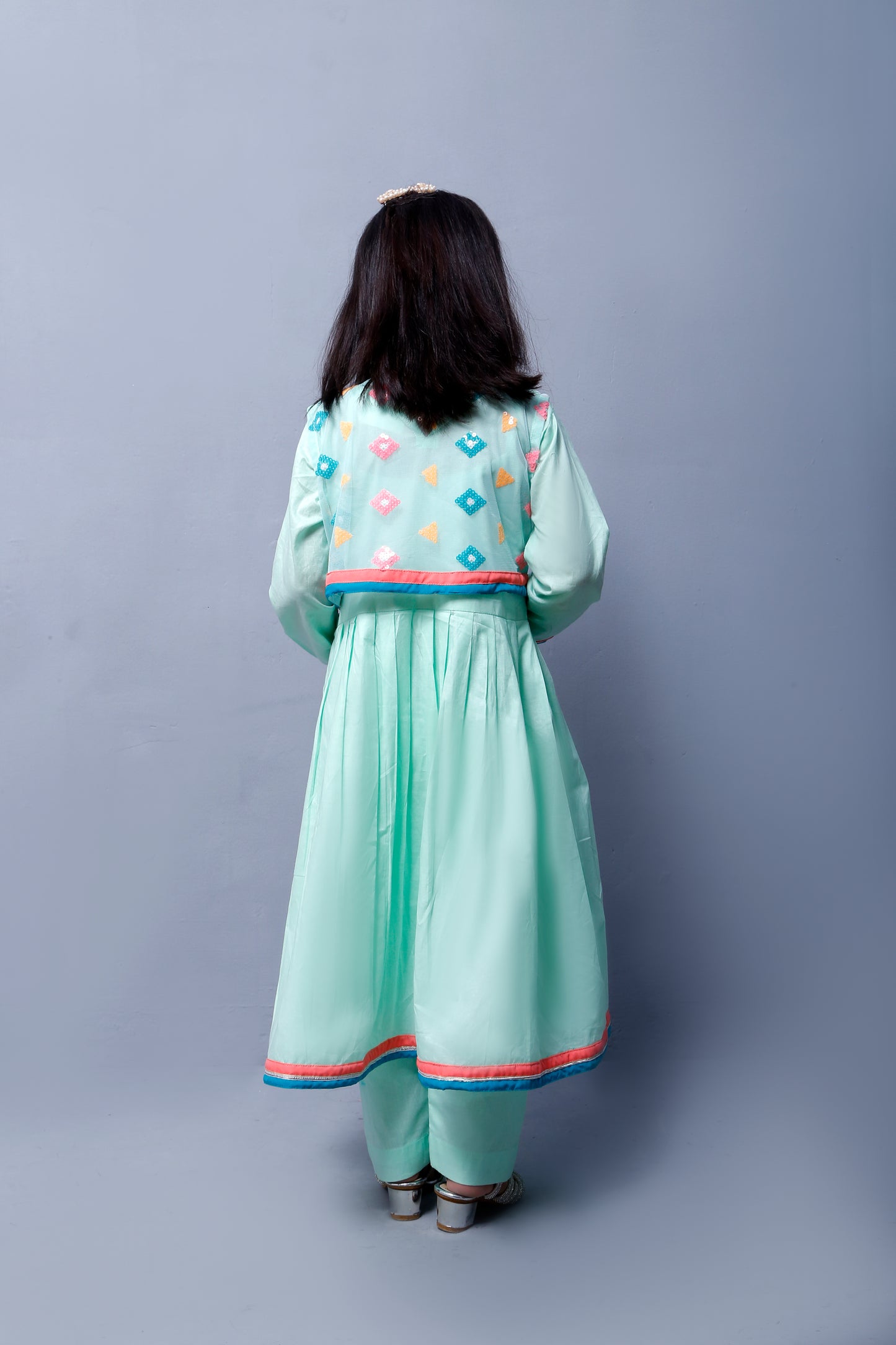 3 piece Stunning Cyan(Aqua Green) Cotton Frock with Multicolor Embroidered net Coati & Laces. (Stitch)