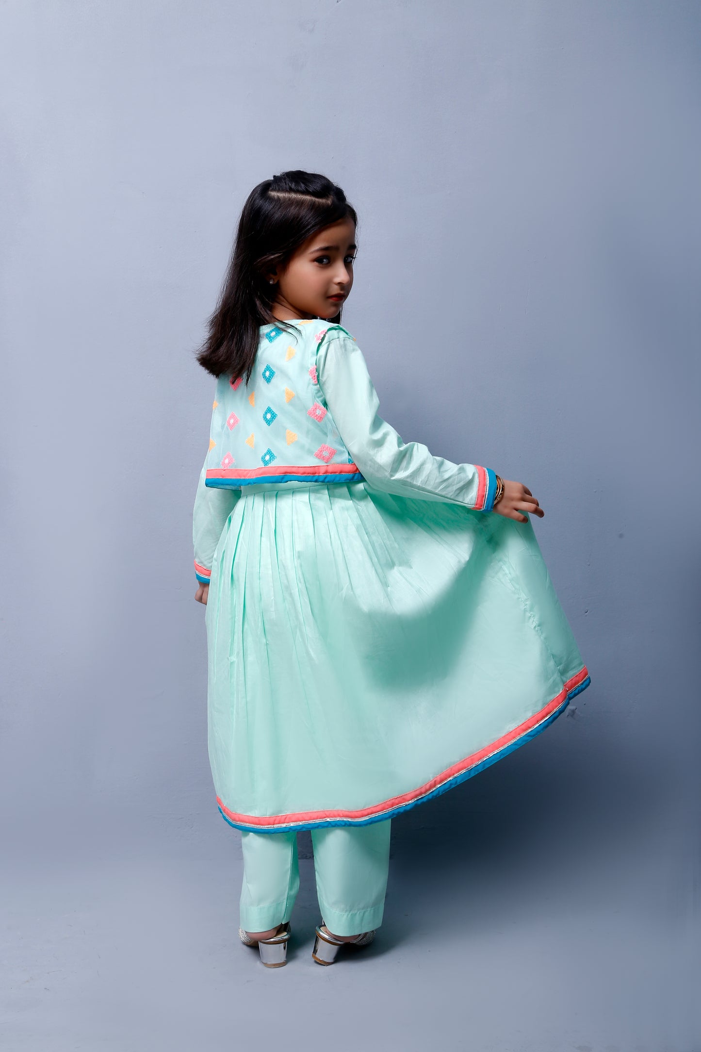 3 piece Stunning Cyan(Aqua Green) Cotton Frock with Multicolor Embroidered net Coati & Laces. (Stitch)