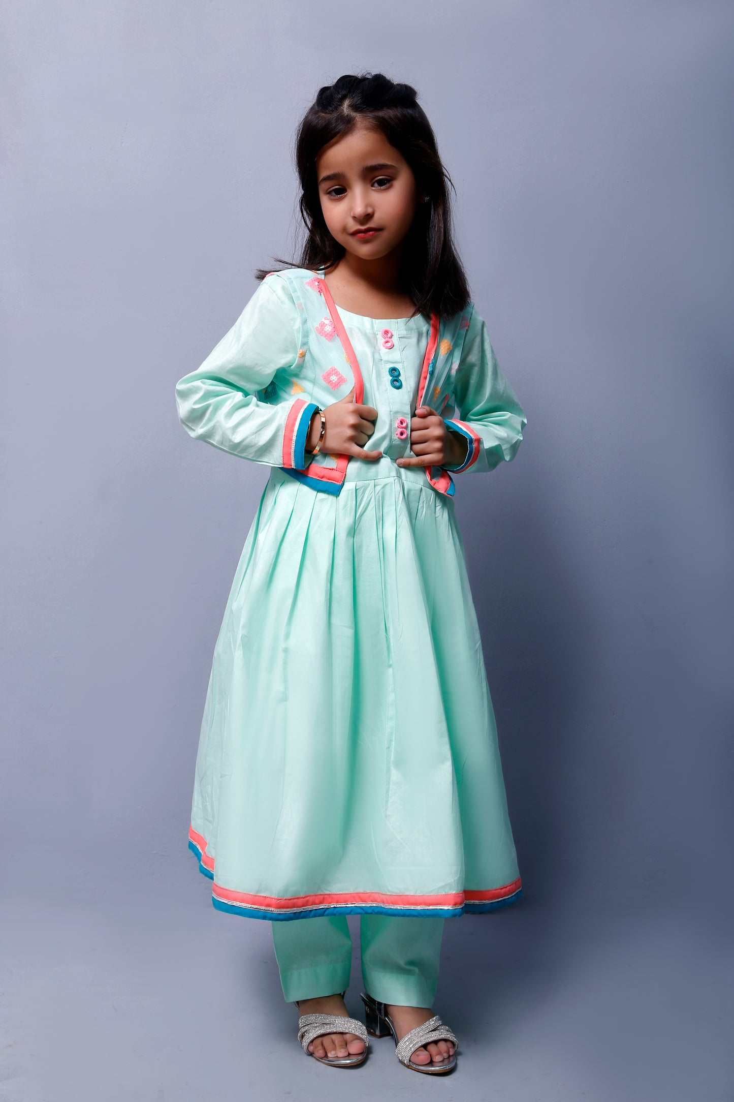 3 piece Stunning Cyan(Aqua Green) Cotton Frock with Multicolor Embroidered net Coati & Laces. (Stitch)