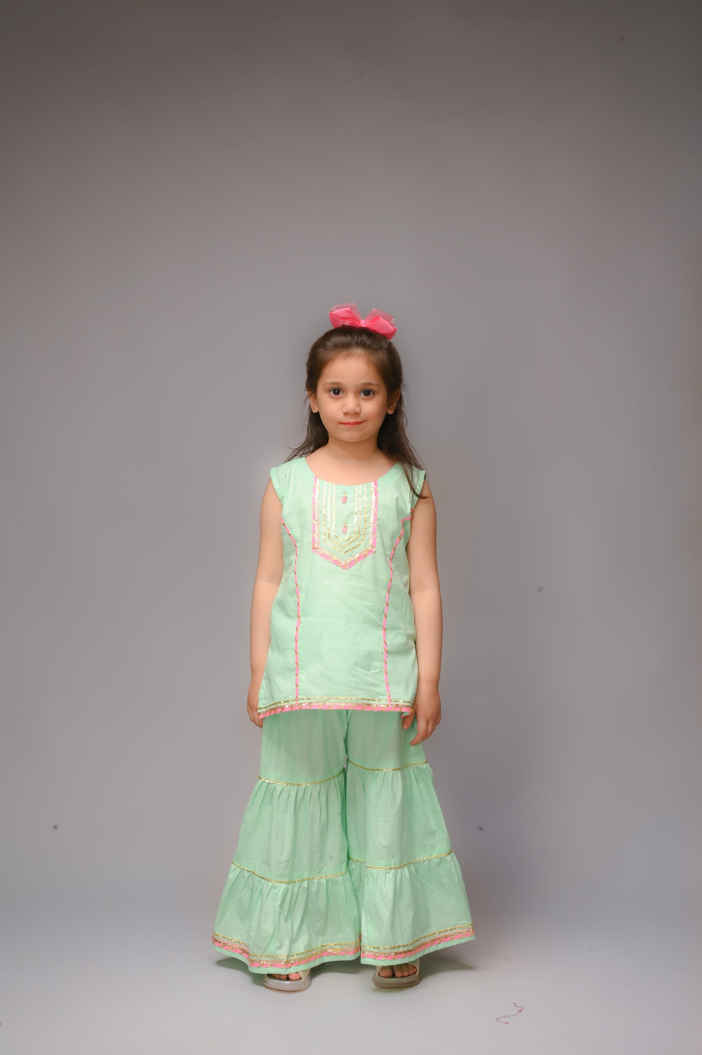 3 piece Aqua Green (Cyan) Cotton Sleeveless Gharara Suit with Baby Pink net Dupatta & Baby Pink & Golden Laces.(Stitch)