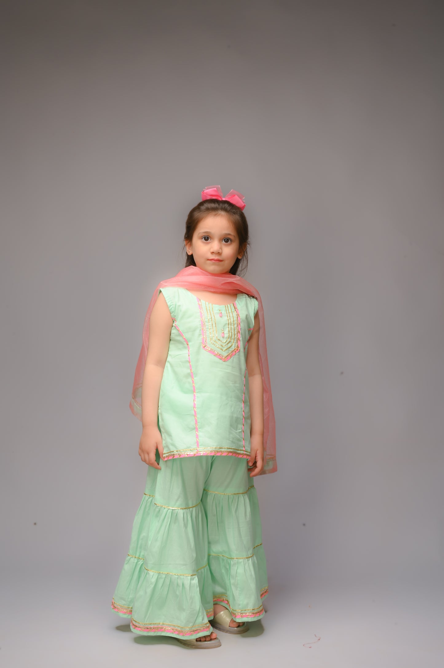 3 piece Aqua Green (Cyan) Cotton Sleeveless Gharara Suit with Baby Pink net Dupatta & Baby Pink & Golden Laces.(Stitch)