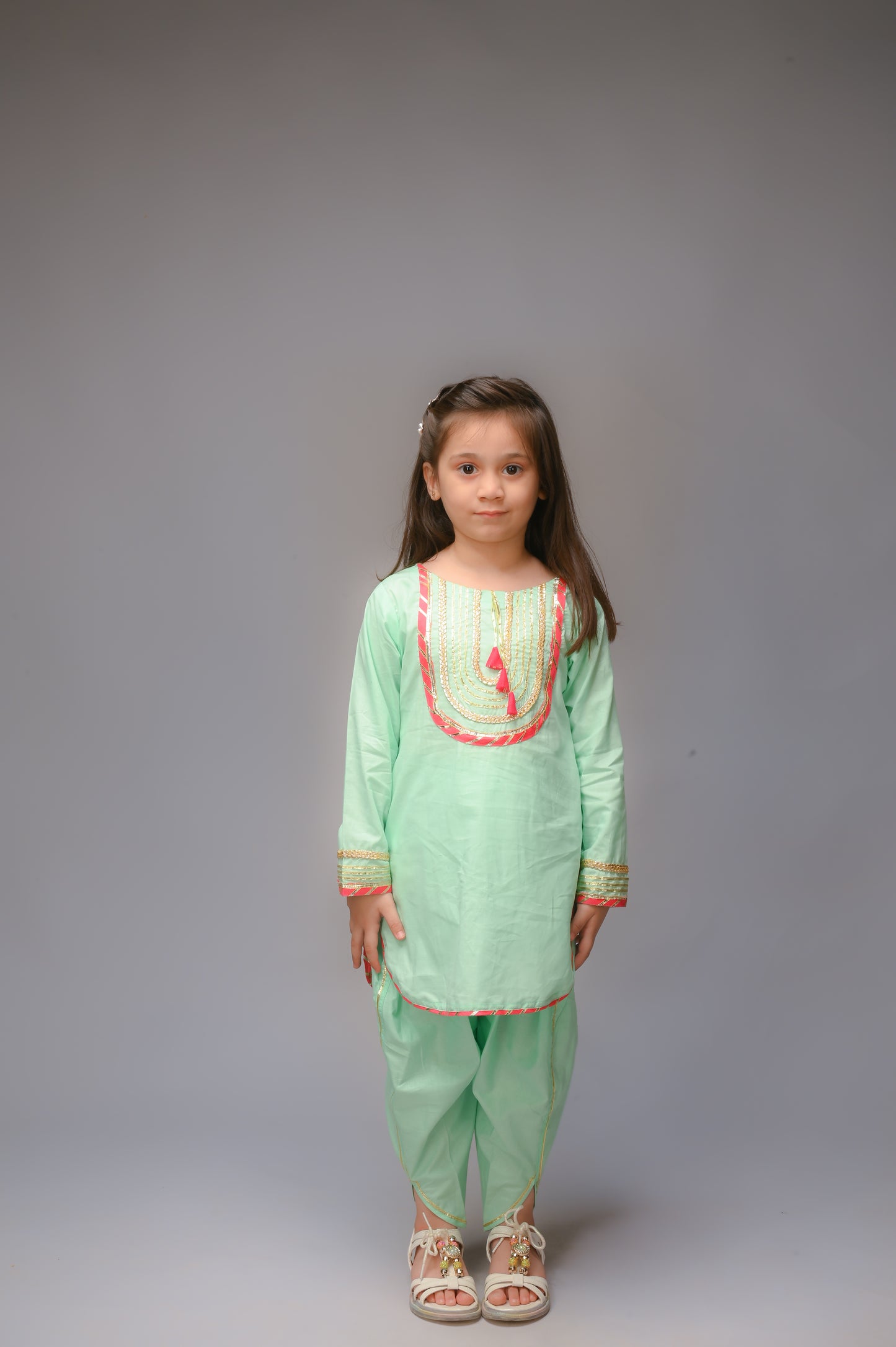 3 piece Aqua Green(Cyan) Cotton Tulip Suit with Carrot Pink net Dupatta & Golden Laces.(Stitch)