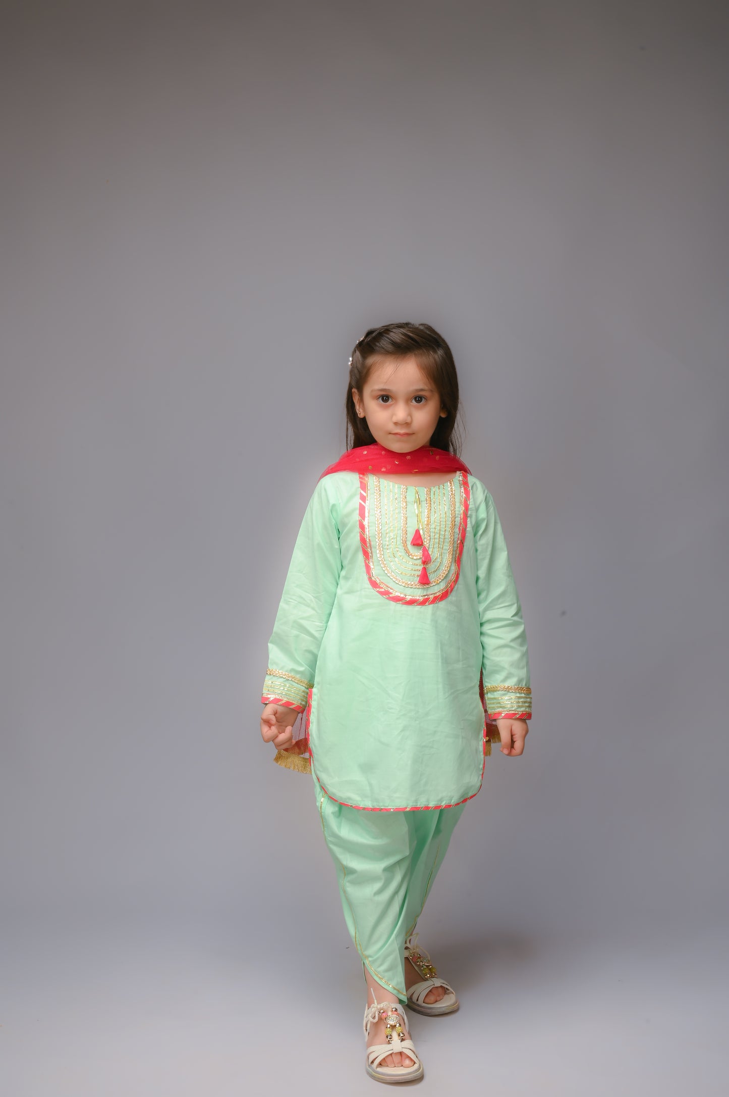 3 piece Aqua Green(Cyan) Cotton Tulip Suit with Carrot Pink net Dupatta & Golden Laces.(Stitch)