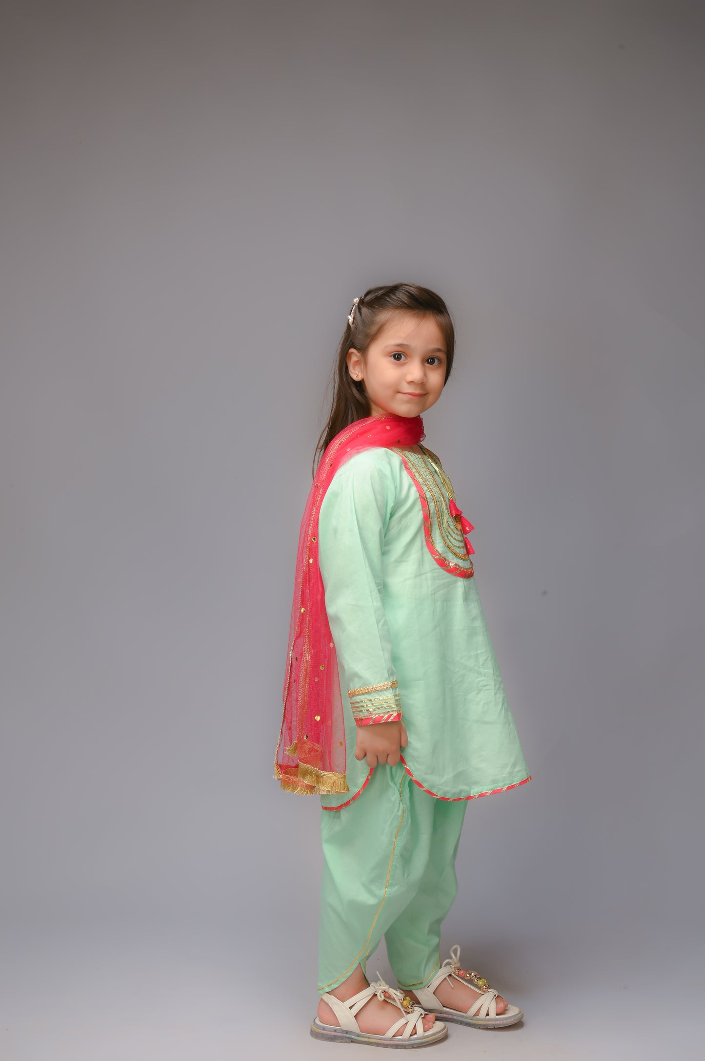 3 piece Aqua Green(Cyan) Cotton Tulip Suit with Carrot Pink net Dupatta & Golden Laces.(Stitch)