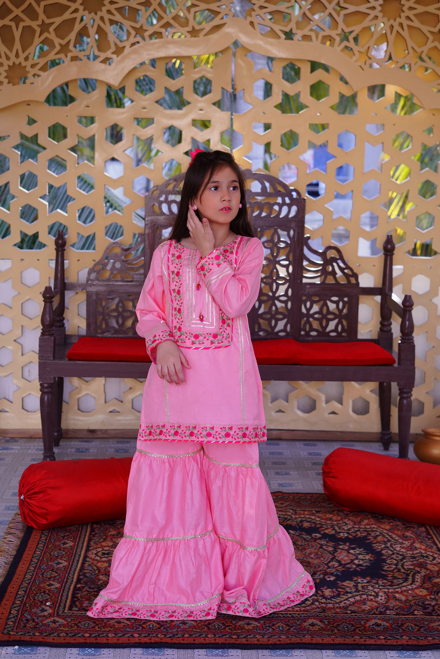3 piece Baby Pink Embroidered Cotton Gharara Suit with Shocking Pink Chiffon Dupatta & Laces(Stitch)
