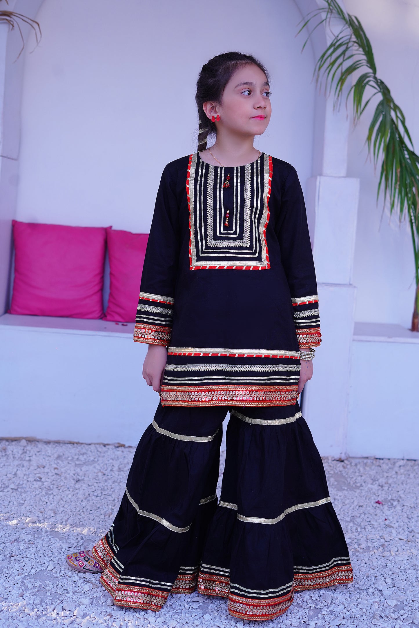 3 piece Beautiful BLACK JET Cotton Gharara Suit with Red net Dupatta & Laces.(Stitch)