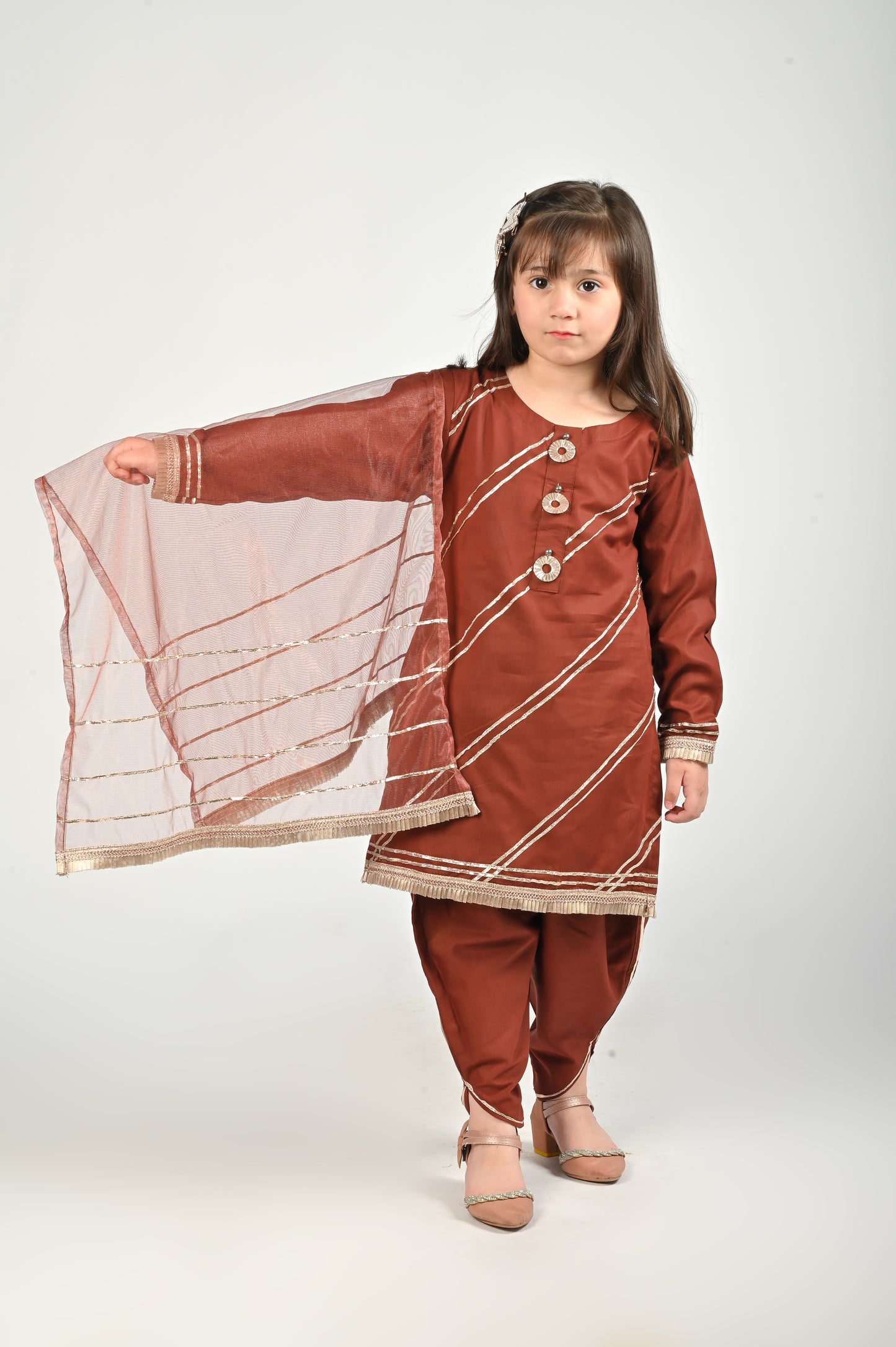 3 piece beautiful BROWN Cotton Tulip Suit with Brown net Dupatta & Laces.