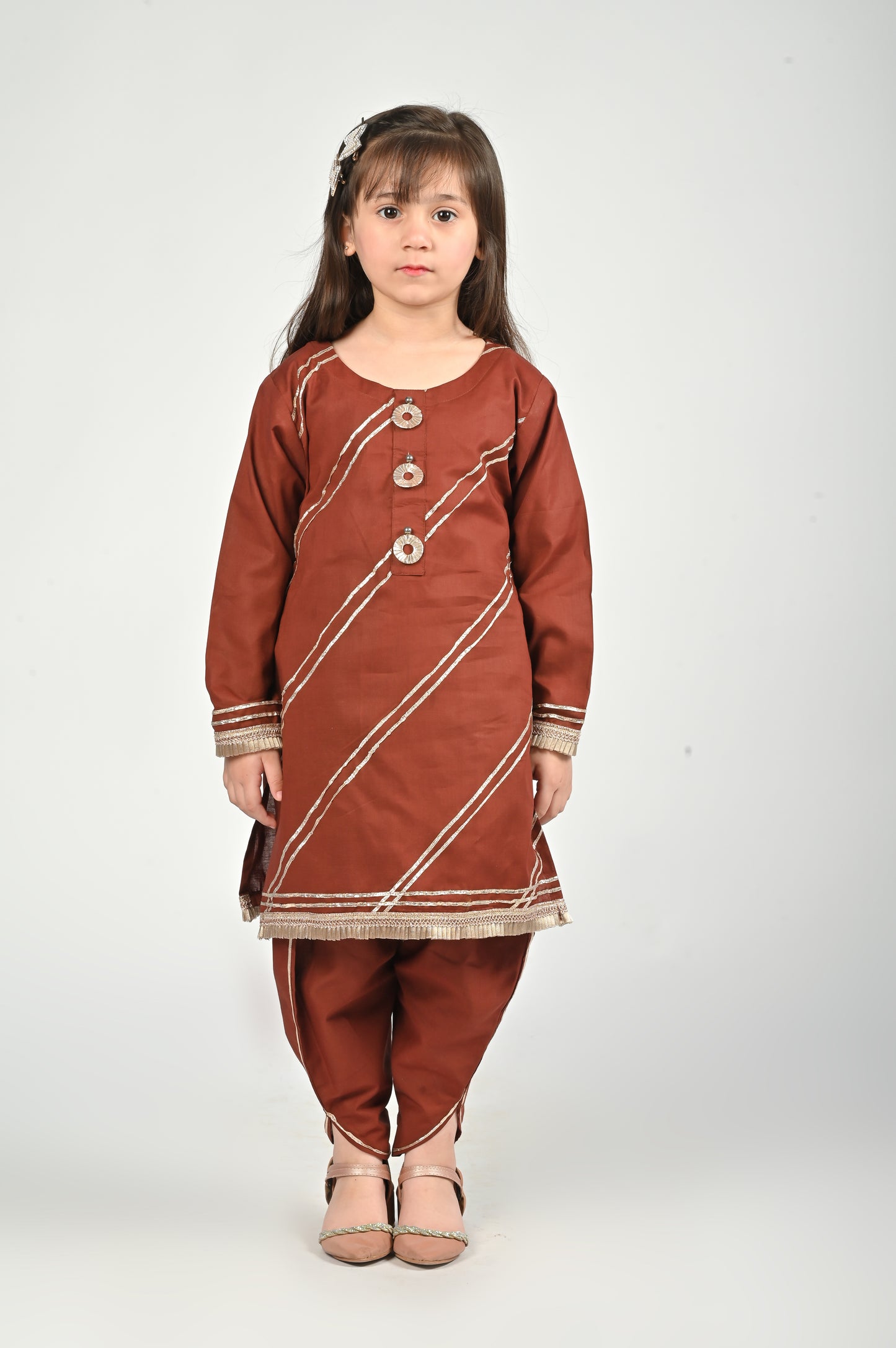3 piece beautiful BROWN Cotton Tulip Suit with Brown net Dupatta & Laces.