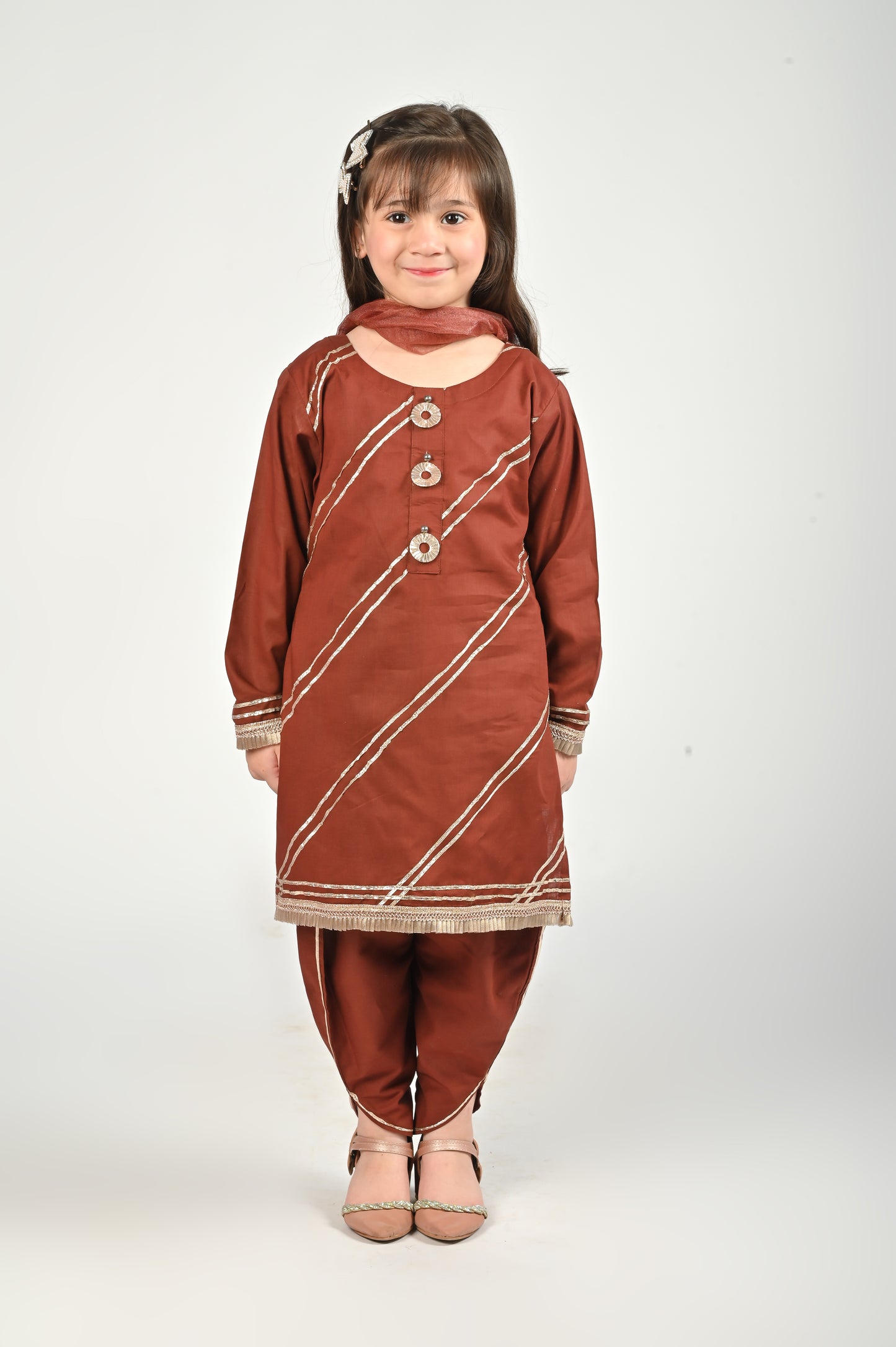 3 piece beautiful BROWN Cotton Tulip Suit with Brown net Dupatta & Laces.