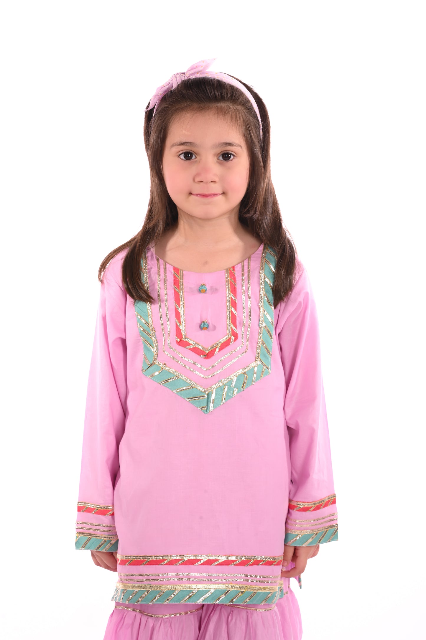 3 piece Light Purple Cotton Gharara Suit with Ferozi net Dupatta & Laces.(Stitch).