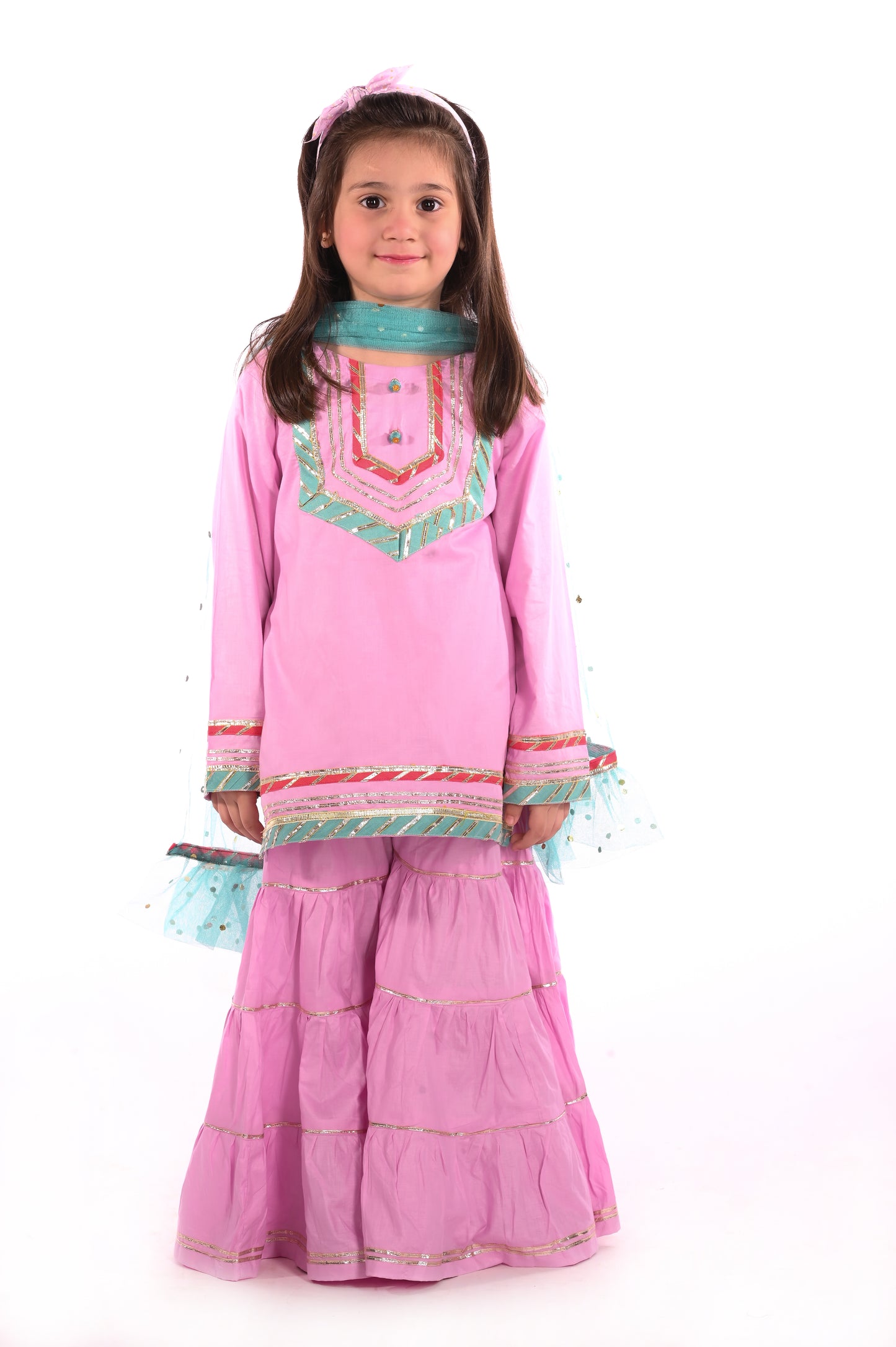 3 piece Light Purple Cotton Gharara Suit with Ferozi net Dupatta & Laces.(Stitch).