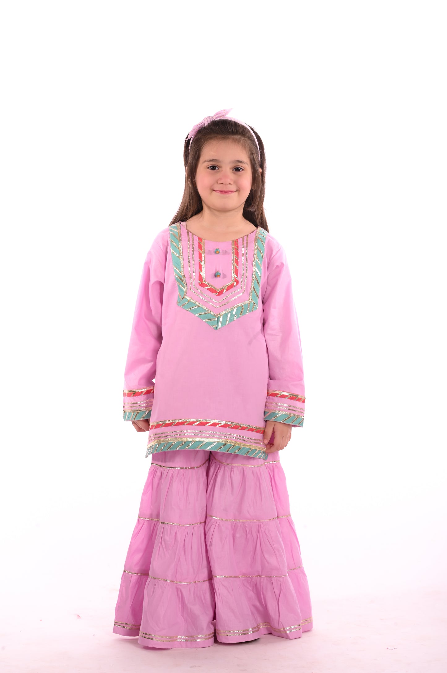 3 piece Light Purple Cotton Gharara Suit with Ferozi net Dupatta & Laces.(Stitch).