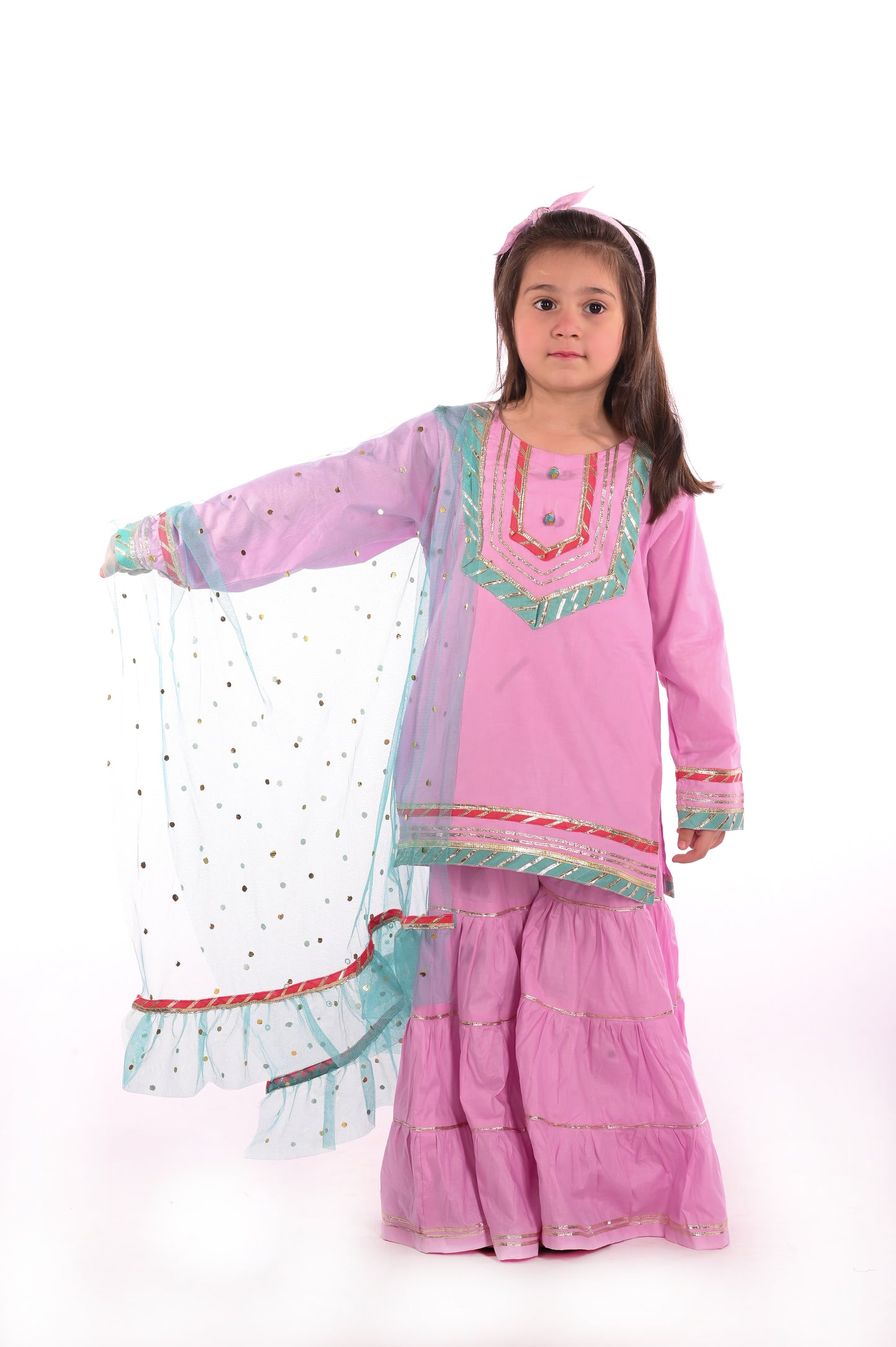 3 piece Light Purple Cotton Gharara Suit with Ferozi net Dupatta & Laces.(Stitch).