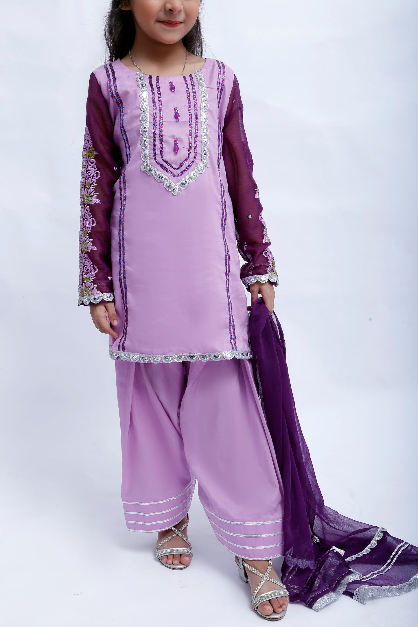 3 piece Light Purple Plazo Suit with Beautiful Silver Sitara Embroidered Purple Chiffon Sleeves & Purple Chiffon Dupatta. (Stitch)