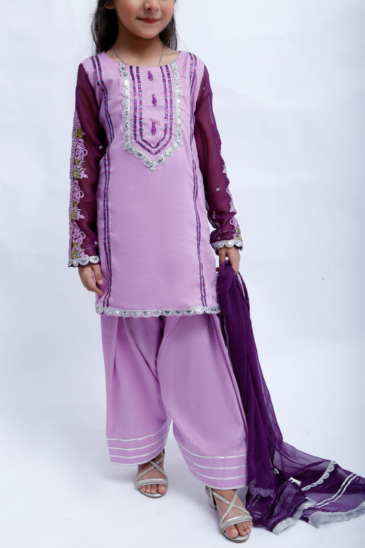 3 piece Light Purple Plazo Suit with Beautiful Silver Sitara Embroidered Purple Chiffon Sleeves & Purple Chiffon Dupatta. (Stitch)