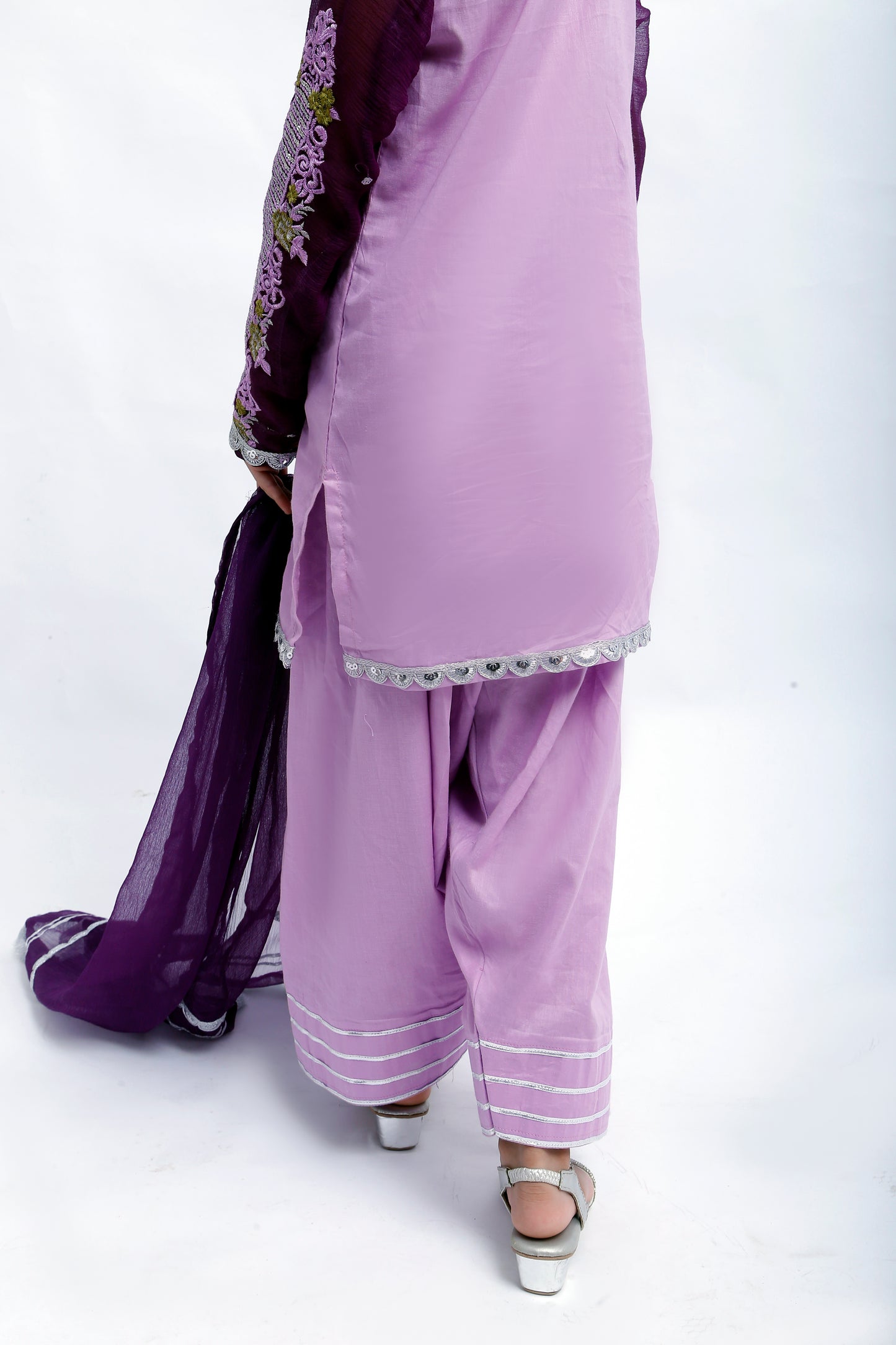 3 piece Light Purple Plazo Suit with Beautiful Silver Sitara Embroidered Purple Chiffon Sleeves & Purple Chiffon Dupatta. (Stitch)