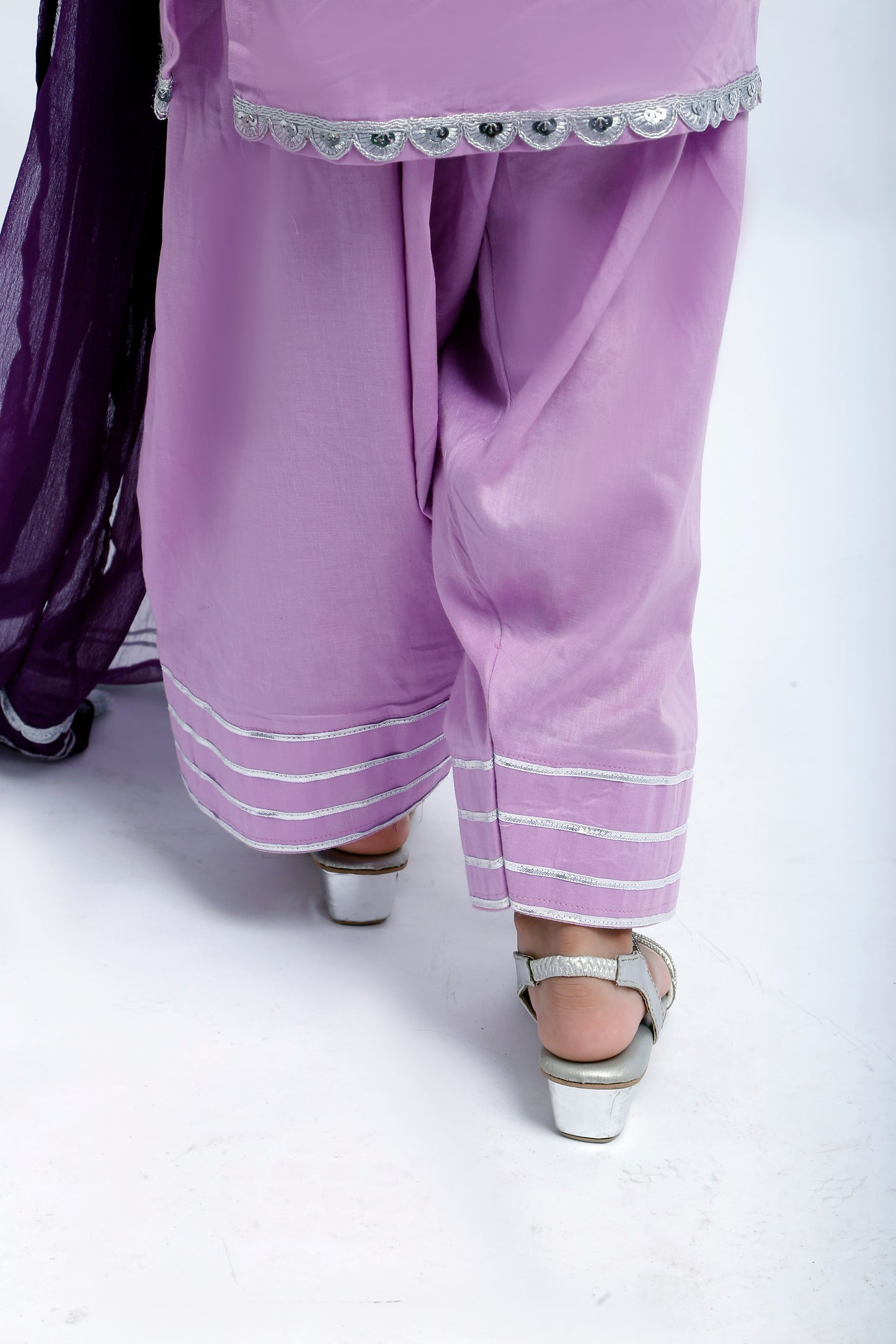 3 piece Light Purple Plazo Suit with Beautiful Silver Sitara Embroidered Purple Chiffon Sleeves & Purple Chiffon Dupatta. (Stitch)