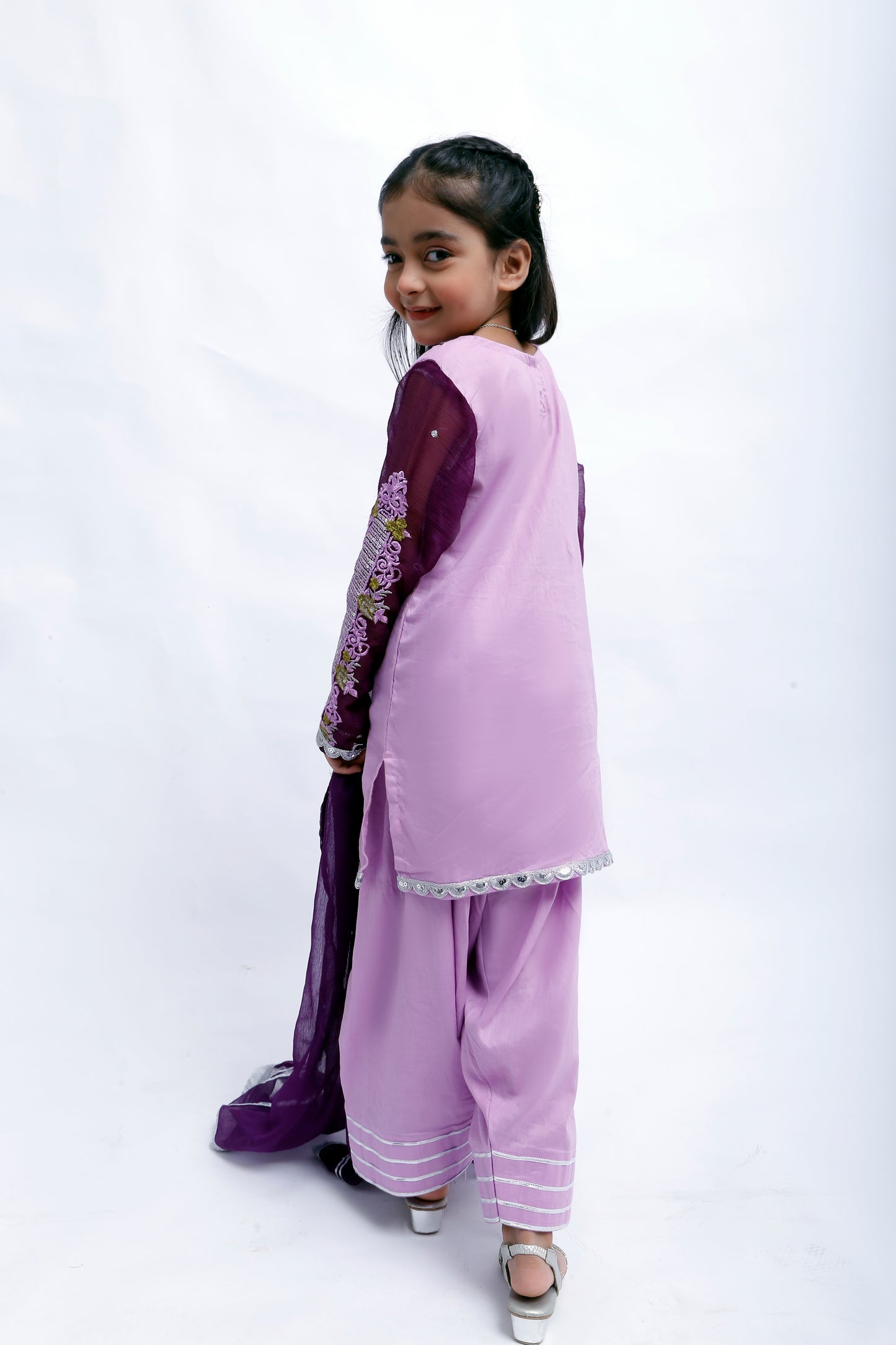 3 piece Light Purple Plazo Suit with Beautiful Silver Sitara Embroidered Purple Chiffon Sleeves & Purple Chiffon Dupatta. (Stitch)
