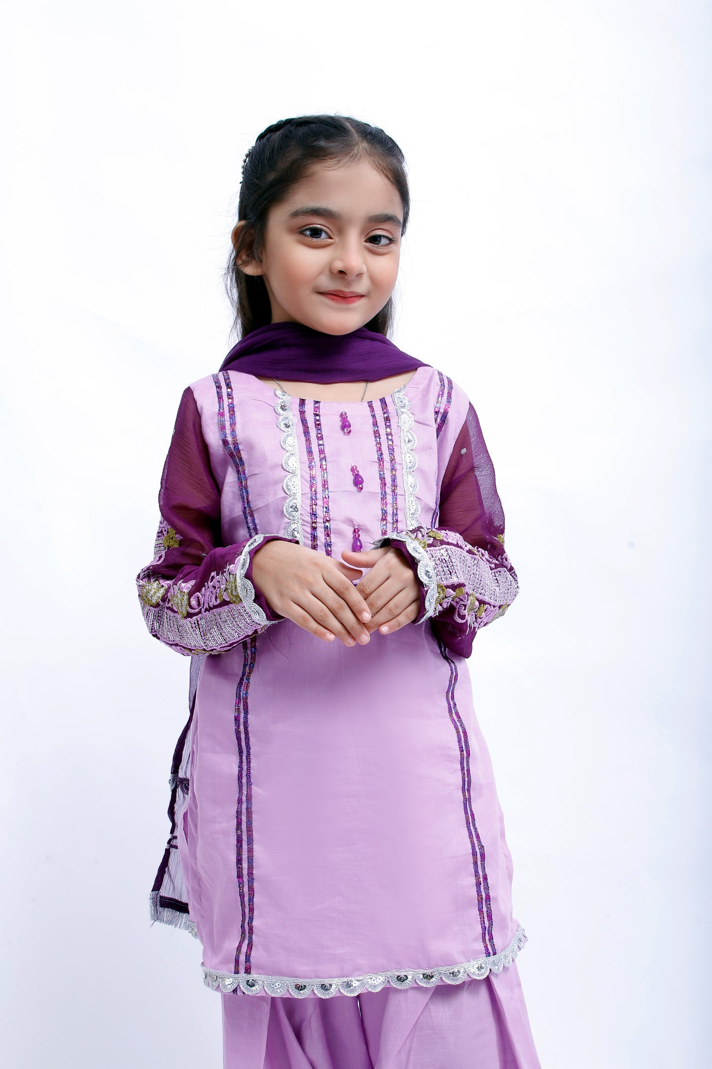 3 piece Light Purple Plazo Suit with Beautiful Silver Sitara Embroidered Purple Chiffon Sleeves & Purple Chiffon Dupatta. (Stitch)