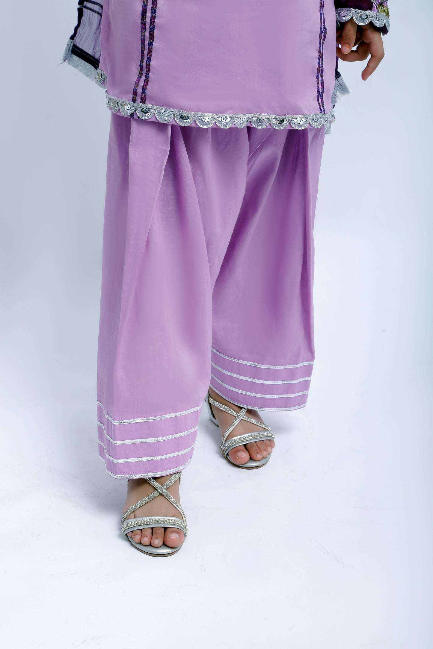 3 piece Light Purple Plazo Suit with Beautiful Silver Sitara Embroidered Purple Chiffon Sleeves & Purple Chiffon Dupatta. (Stitch)