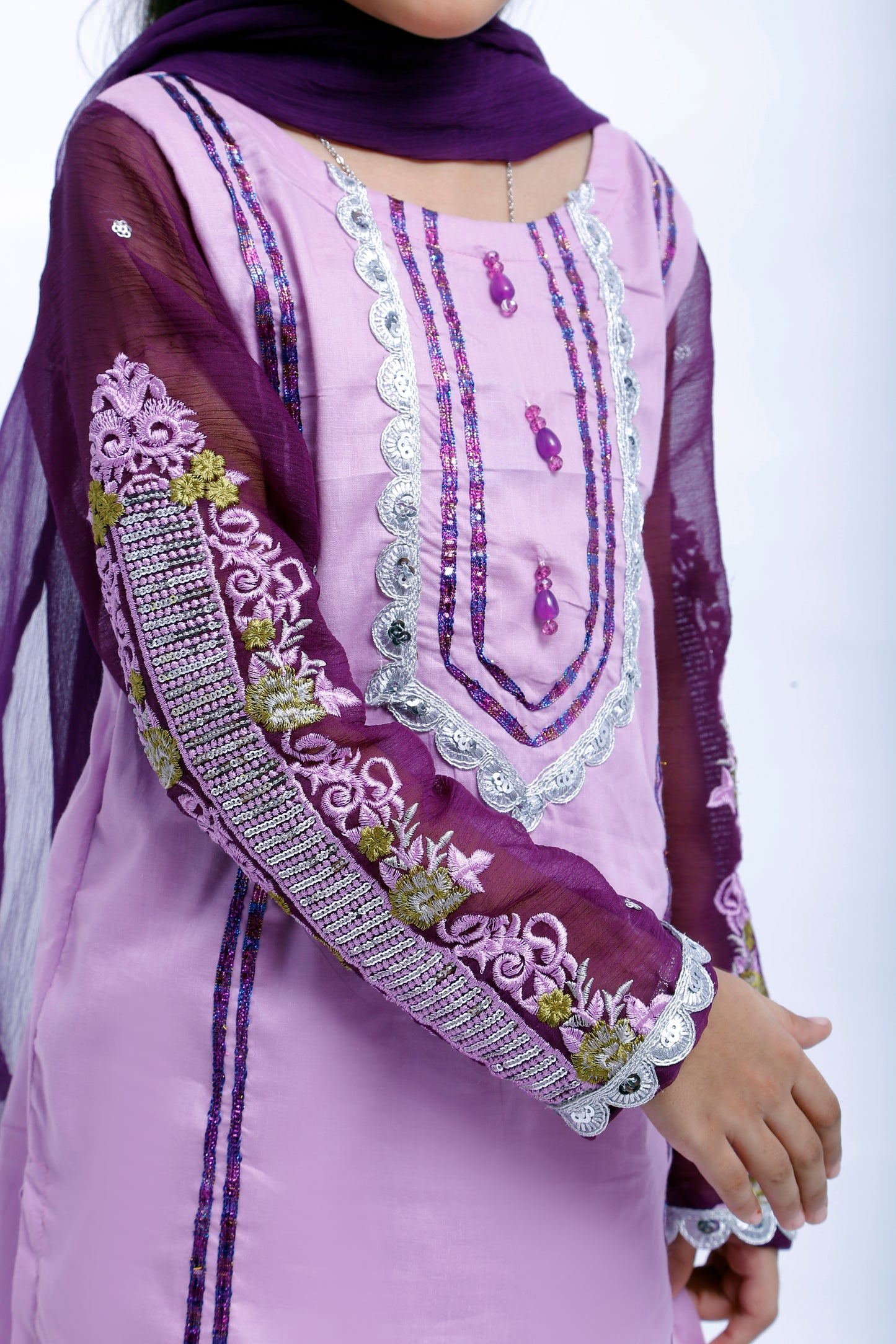 3 piece Light Purple Plazo Suit with Beautiful Silver Sitara Embroidered Purple Chiffon Sleeves & Purple Chiffon Dupatta. (Stitch)
