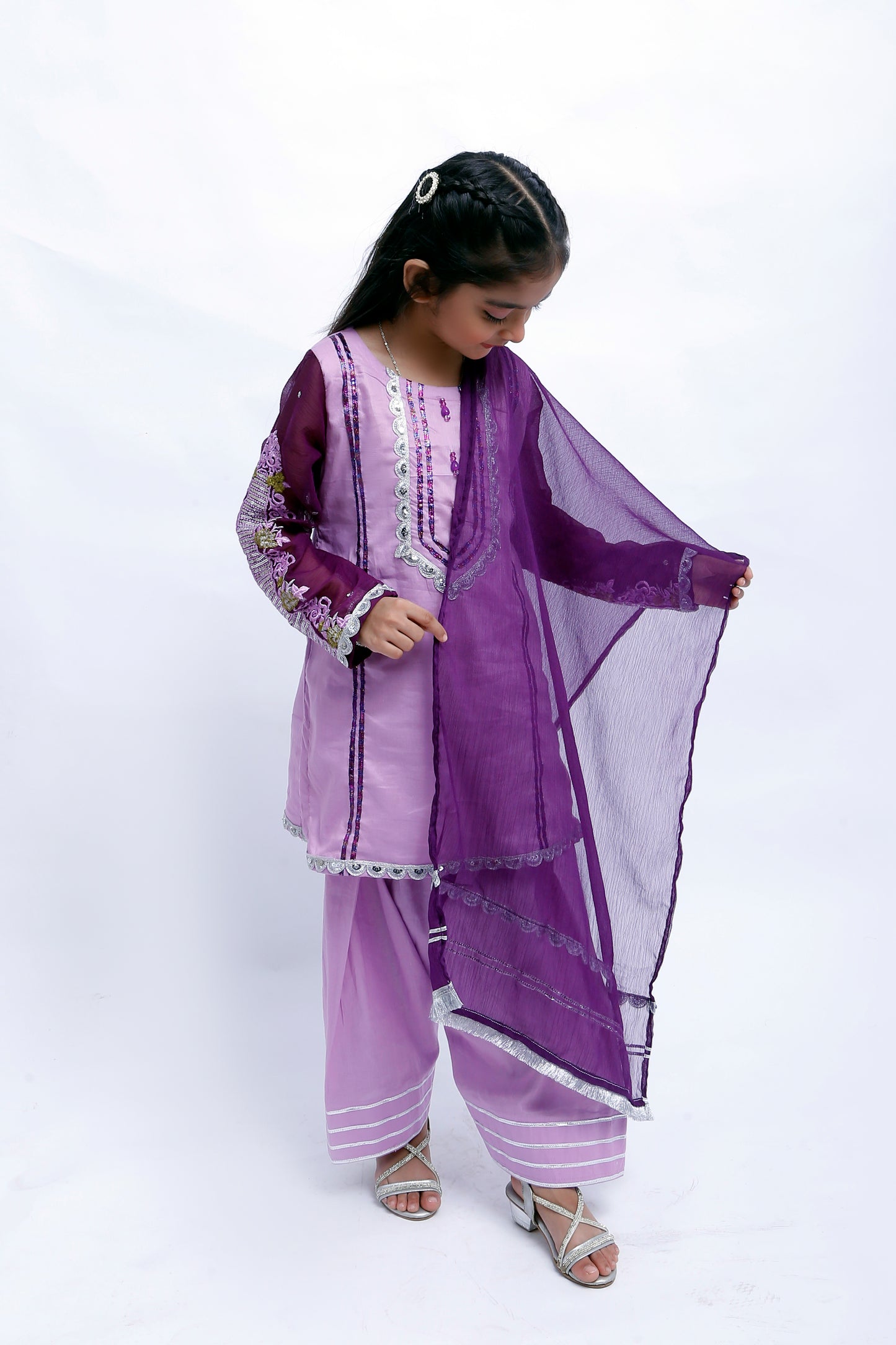 3 piece Light Purple Plazo Suit with Beautiful Silver Sitara Embroidered Purple Chiffon Sleeves & Purple Chiffon Dupatta. (Stitch)